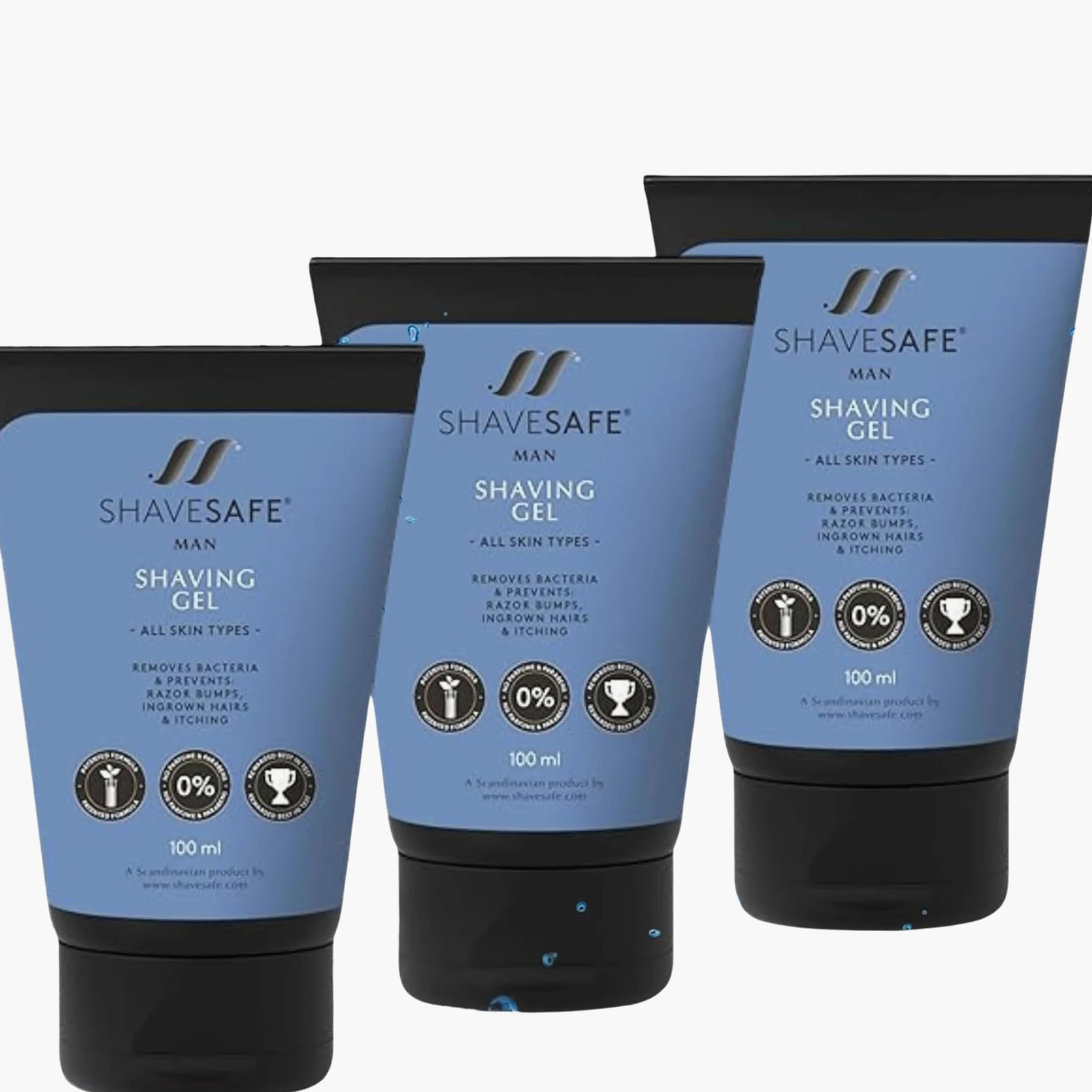 ShaveSafe – Pack de 3 – 100 ml – Afeitado suave y eficaz para pieles sensibles – Previene quemaduras de afeitado, enrojecimiento y vellos encarnados – Fórmula hipoalergénica y dermatológicamente