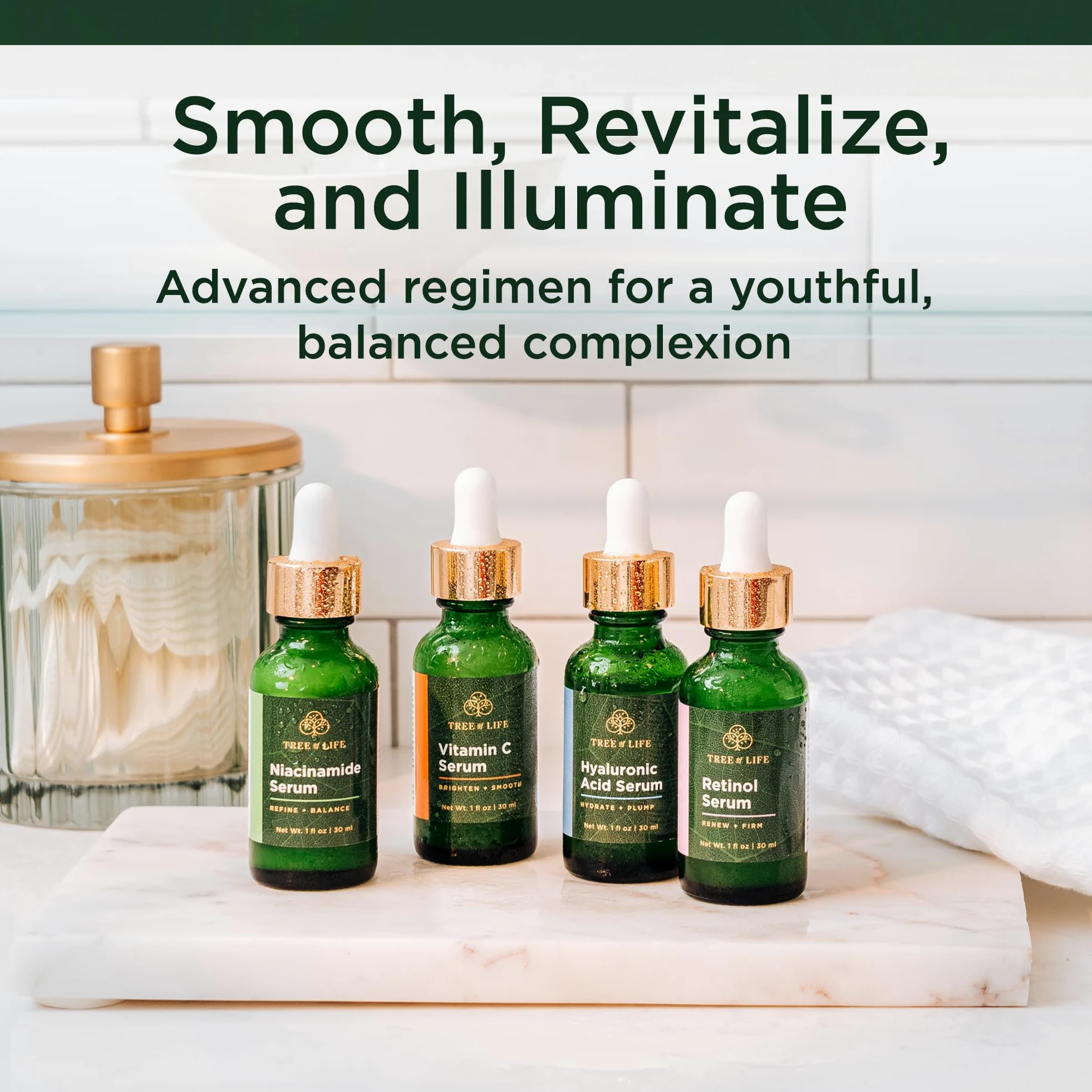 Tree of Life Beauty - Juego de cuidado facial de la piel, sueros faciales iluminadores, reafirmantes e hidratantes para pieles sensibles, niacinamida, vitamina C, retinol y ácido hialurónico, probado