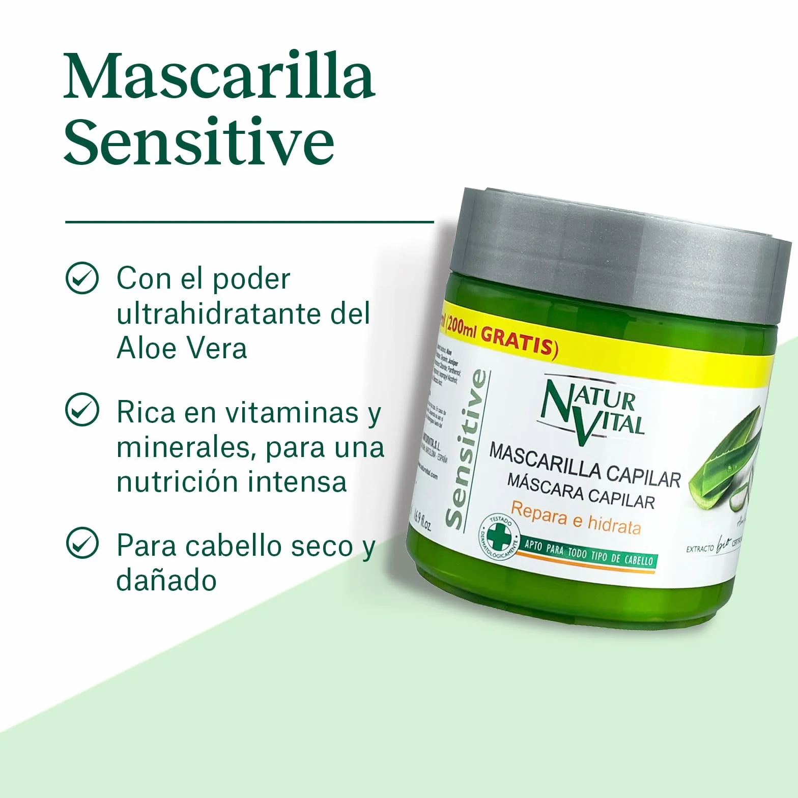 NaturVital Mascarilla Capilar Sensitive Reparadora Hidratante Cuero Cabelludo Sensible con Aloe Vera Bio y Pro-Vitamina B5 sin Sulfatos 500ml