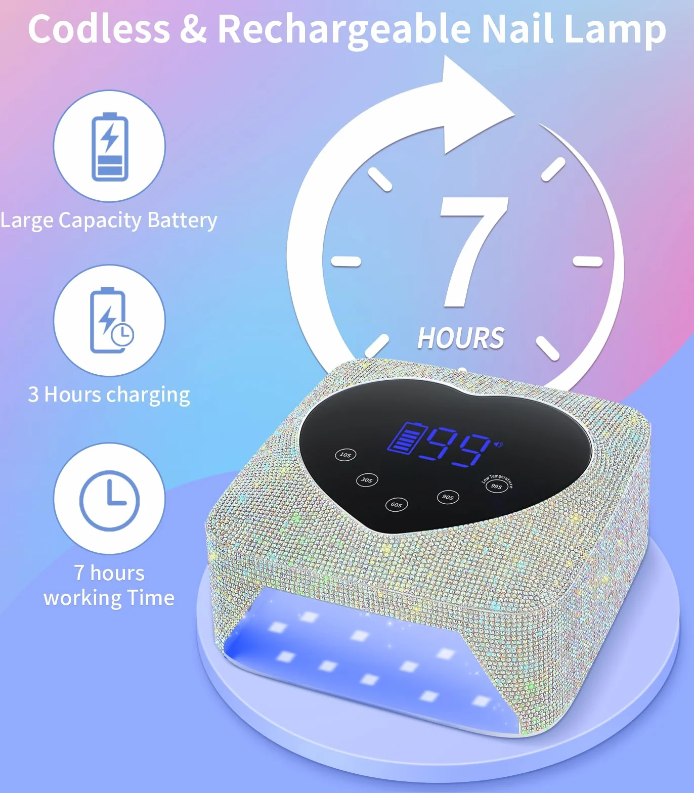 HUGMAPLE Lámpara de uñas UV inalámbrica para uñas de gel de 72 W, secador de uñas LED de diamante recargable con 5 ajustes de temporizador, control táctil y sensor automático, lámpara de curado rápido
