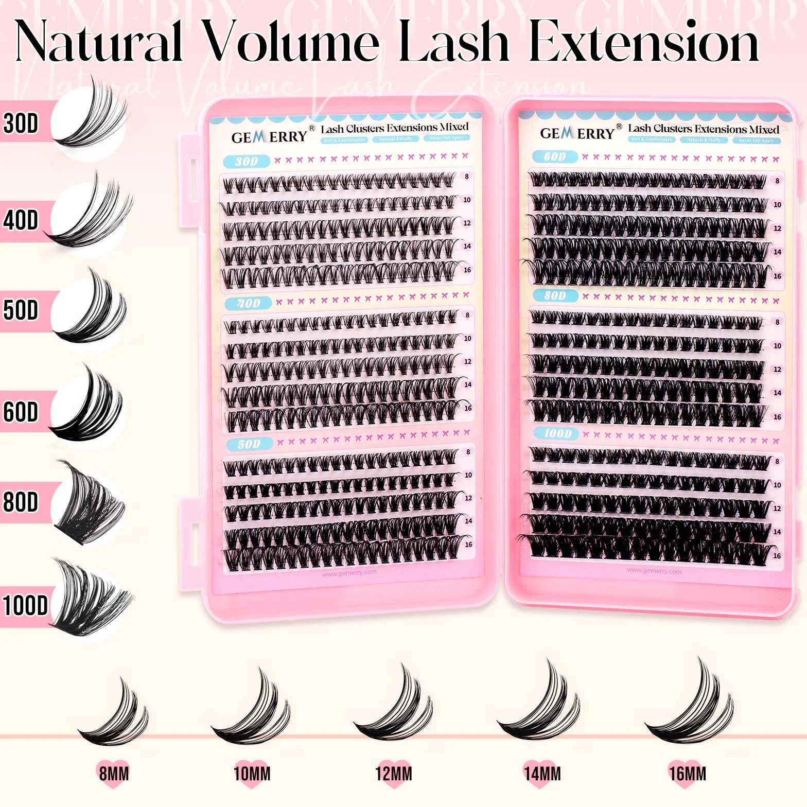 GEMERRY Pestañas Postizas D Curl 8-16mm Mix 30D-100D Pelo a Pelo Cluster Lashes