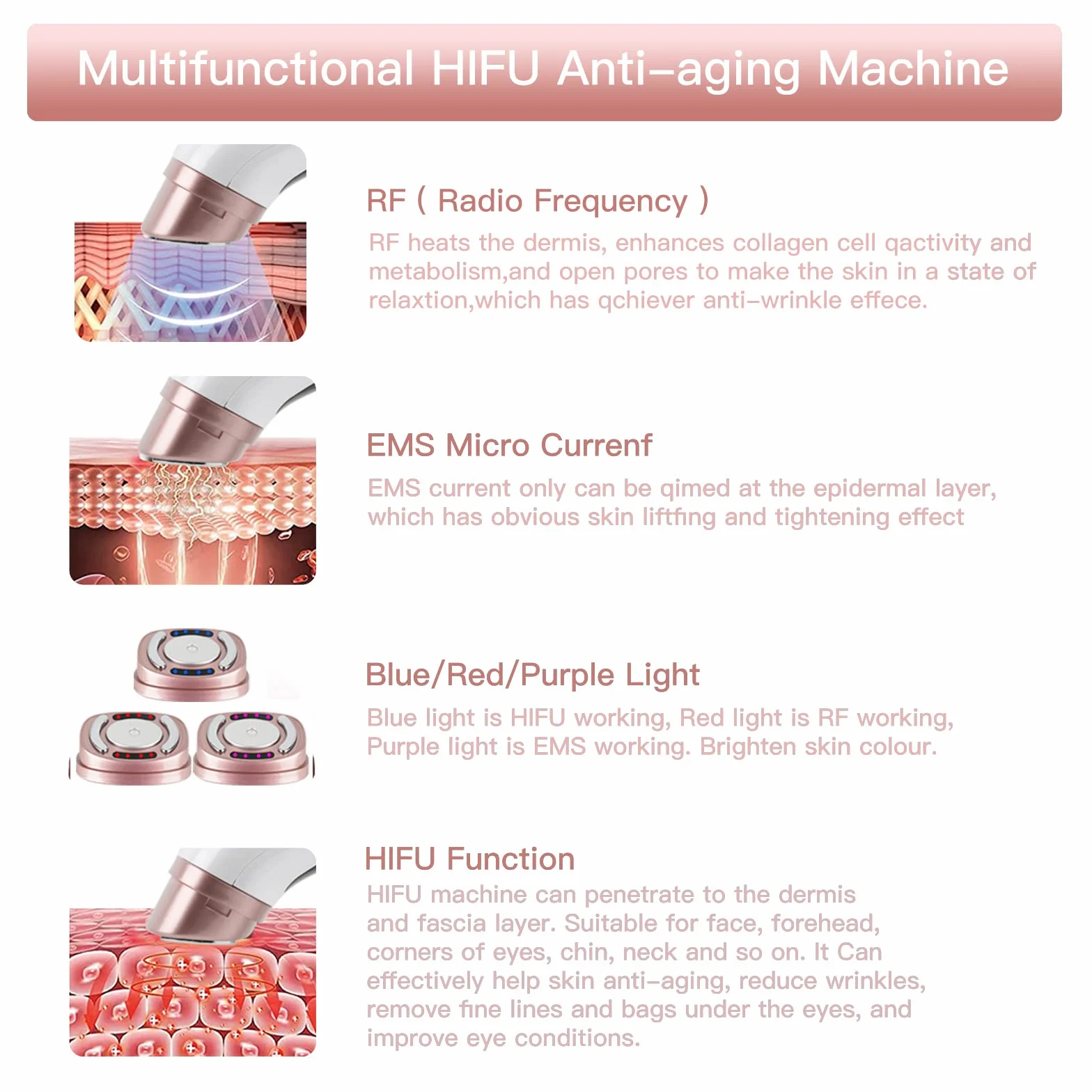 Máquina Hifu Facial Portátil 3 en 1 HIFU RF EMS Antienvejecimiento para Mujeres Cuello Mentón Ojos