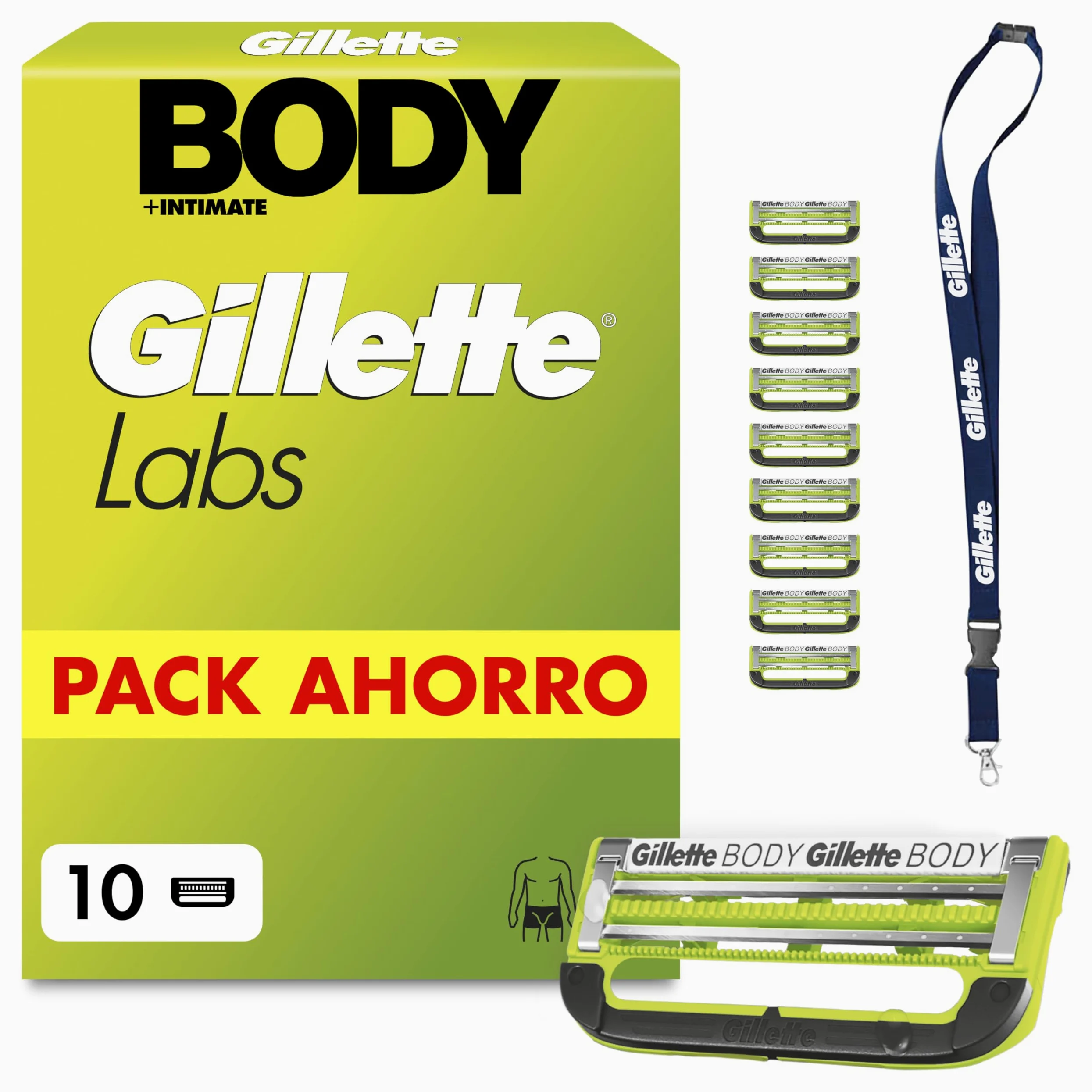 GilletteLabs Body + Intimate Cuchillas de Afeitar Cuerpo Hombre, Pack de 10 | Recambios de 2 Hojas, Banda Lubricante, Barra Anti-Vellos Enquistados Y Anti-Irritación, Depilación de La Zona Íntima Hombre