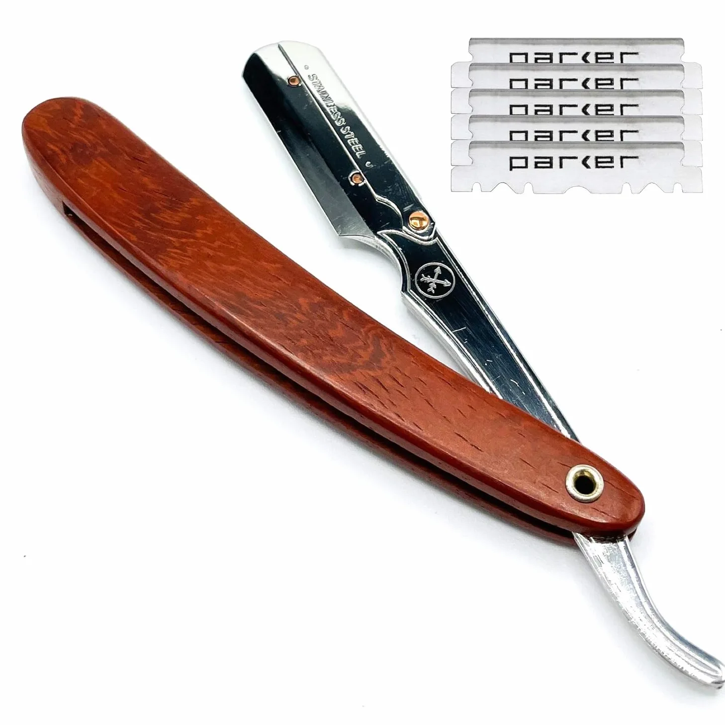 Parker Safety Razor Parker Rosewod mango de madera profesional peluquero maquinilla de afeitar recta y 5 hojas - Nuevo 2019 Palo de rosa