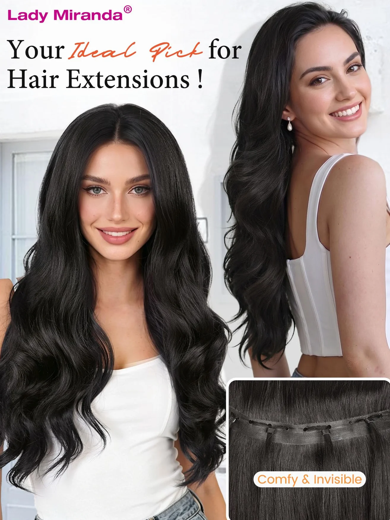 Lady Miranda Lady Miranda - Extensiones de cabello humano de doble cara de poliuretano invisible de 18 pulgadas, 100 g, negro natural, micro anillo, extensiones de pelo de poliuretano de doble ala