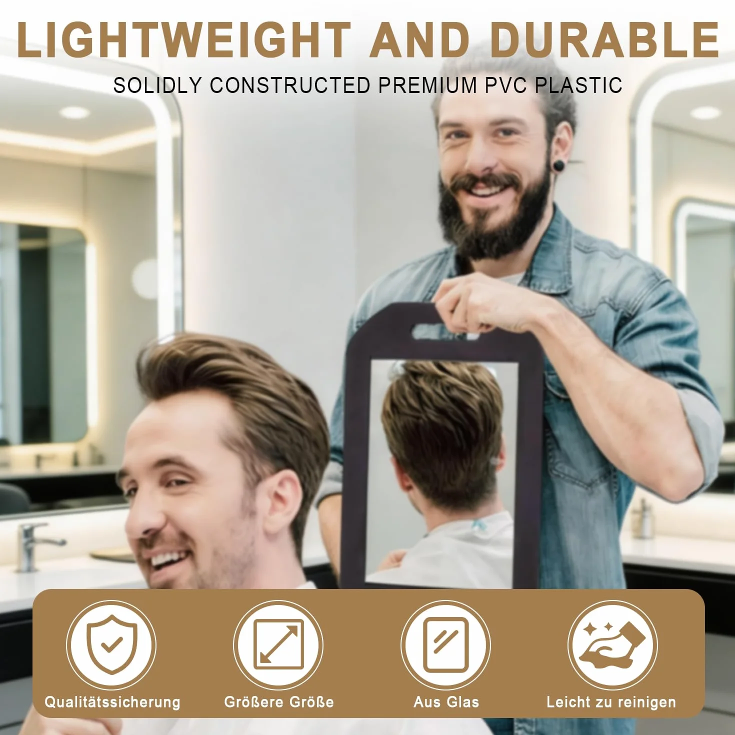 Espejo de mano grande con doble asa, espejo de cosméticos acrílico, herramientas de peluquería para cortar cabello, 1 pieza negra rectangular