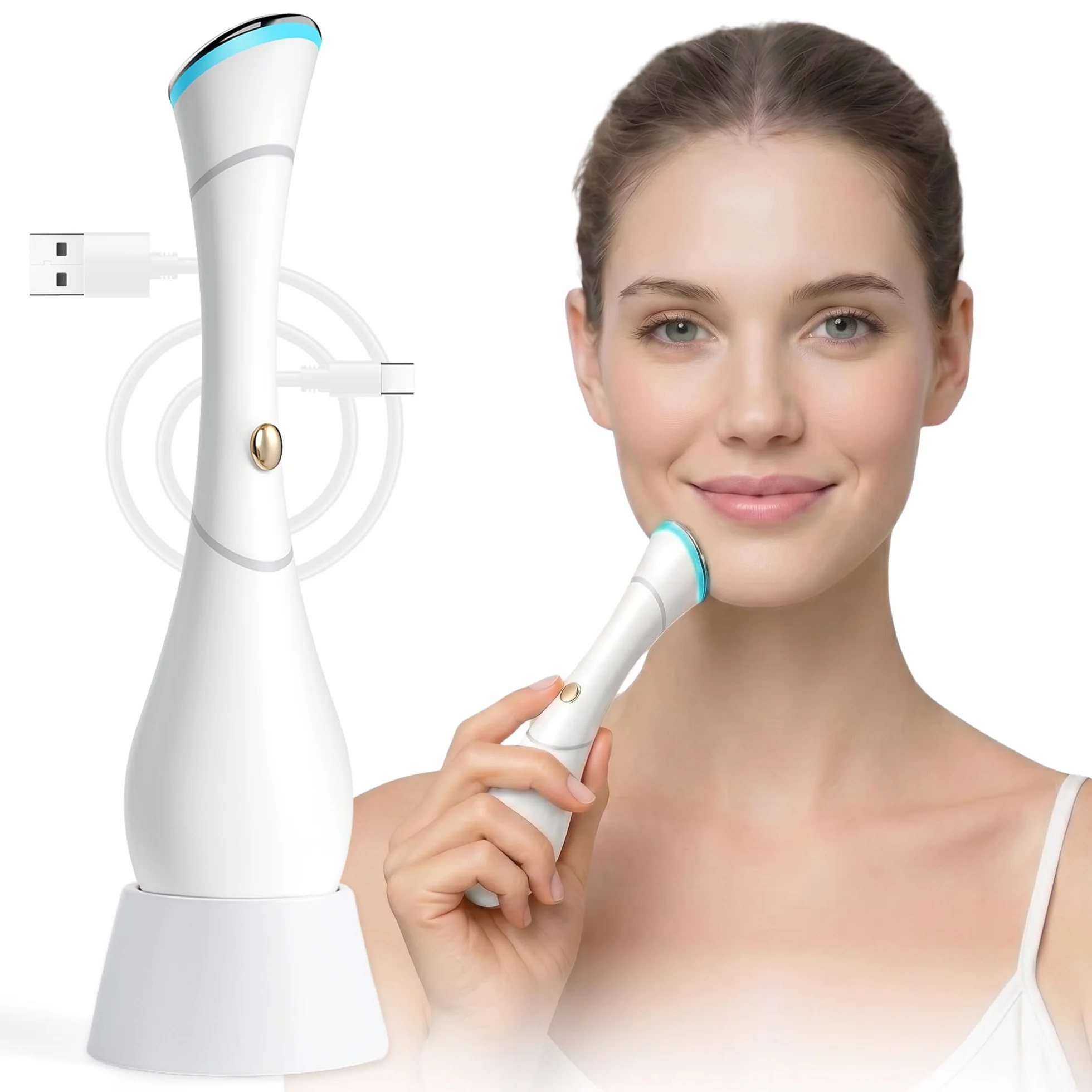 HAMINOS Masajeador Facial 4 en 1 con Calor, Vibración, Luz Roja y Azul, Función Iónica Galvánica, Recargable USB-C