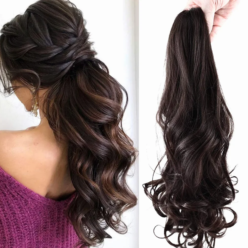 Extensiones de Pelo Rizadas Coleta Postiza Clip in Hair Natural Largo Marrón Medio