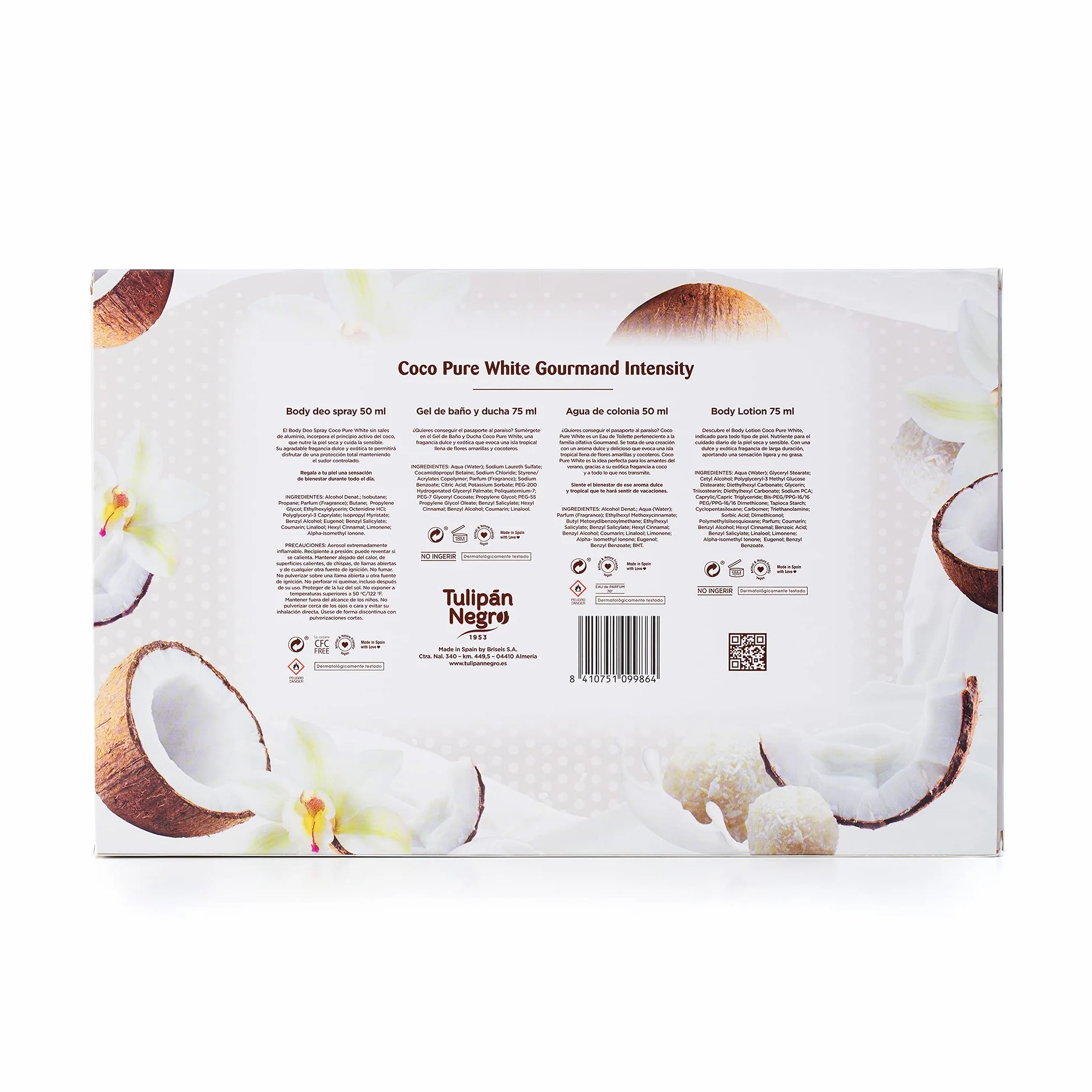Estuche Tulipán Negro Coco Pure White Colonia 50 ml + Loción Corporal 75 ml + Gel de Baño 75 ml + Desodorante Spray 50 ml