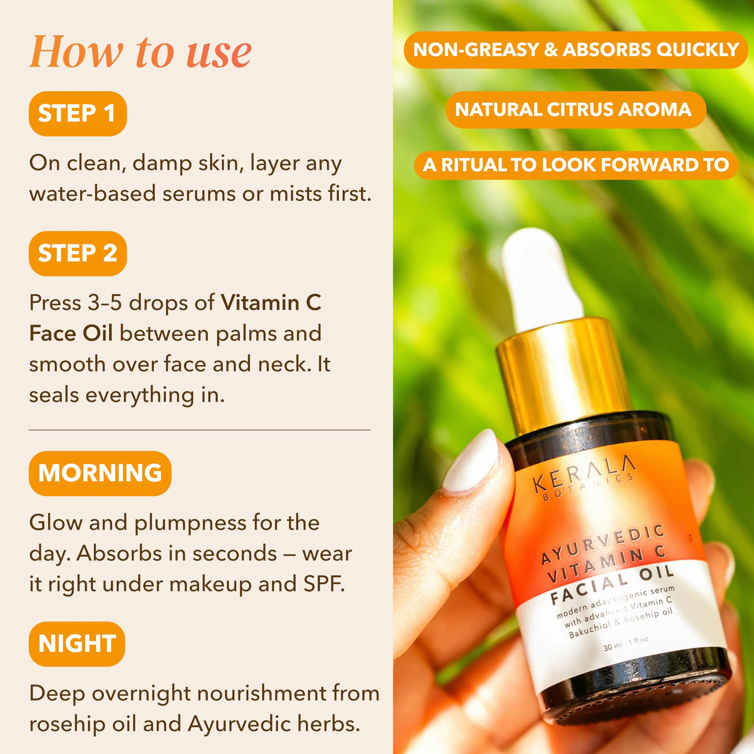 Aceite ayurvédico de vitamina C, suero de vitamina C iluminador de la piel con aceite de rosa mosqueta, ashwagandha, escualano, aceite facial hidratante - aceite facial no graso - aceite puro de