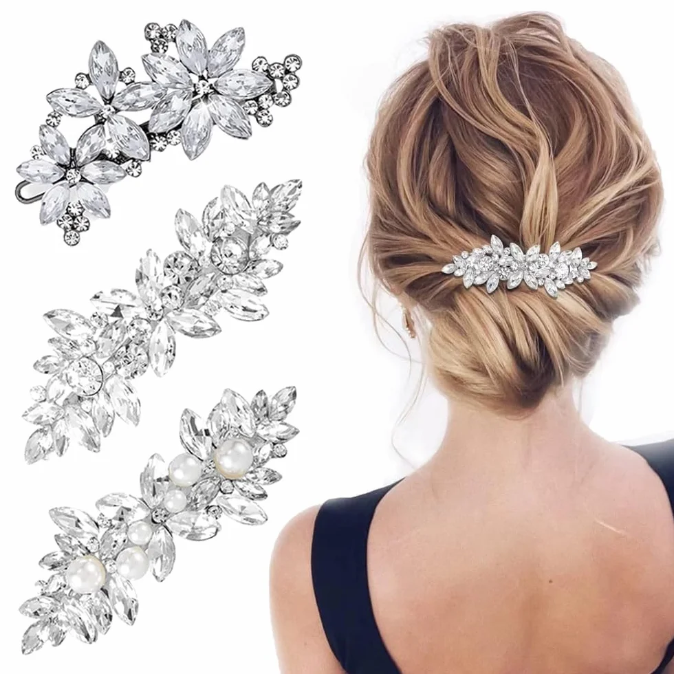 Clips de Pelo de Perlas de Pedrería Horquilla de Boda Pinzas para el Cabello Barrette de Pelo de Cristal Brillante para Mujeres