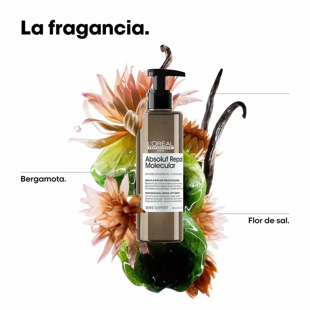 L’Oréal Professionnel, Tratamiento Molecular Instantáneo, Sérum Pelo Seco y Dañado con Aclarado, Sin Sulfatos, Repara Daños y Fortalece el Cabello, Fórmula Patentada, Absolut Repair Molecular, 250ml