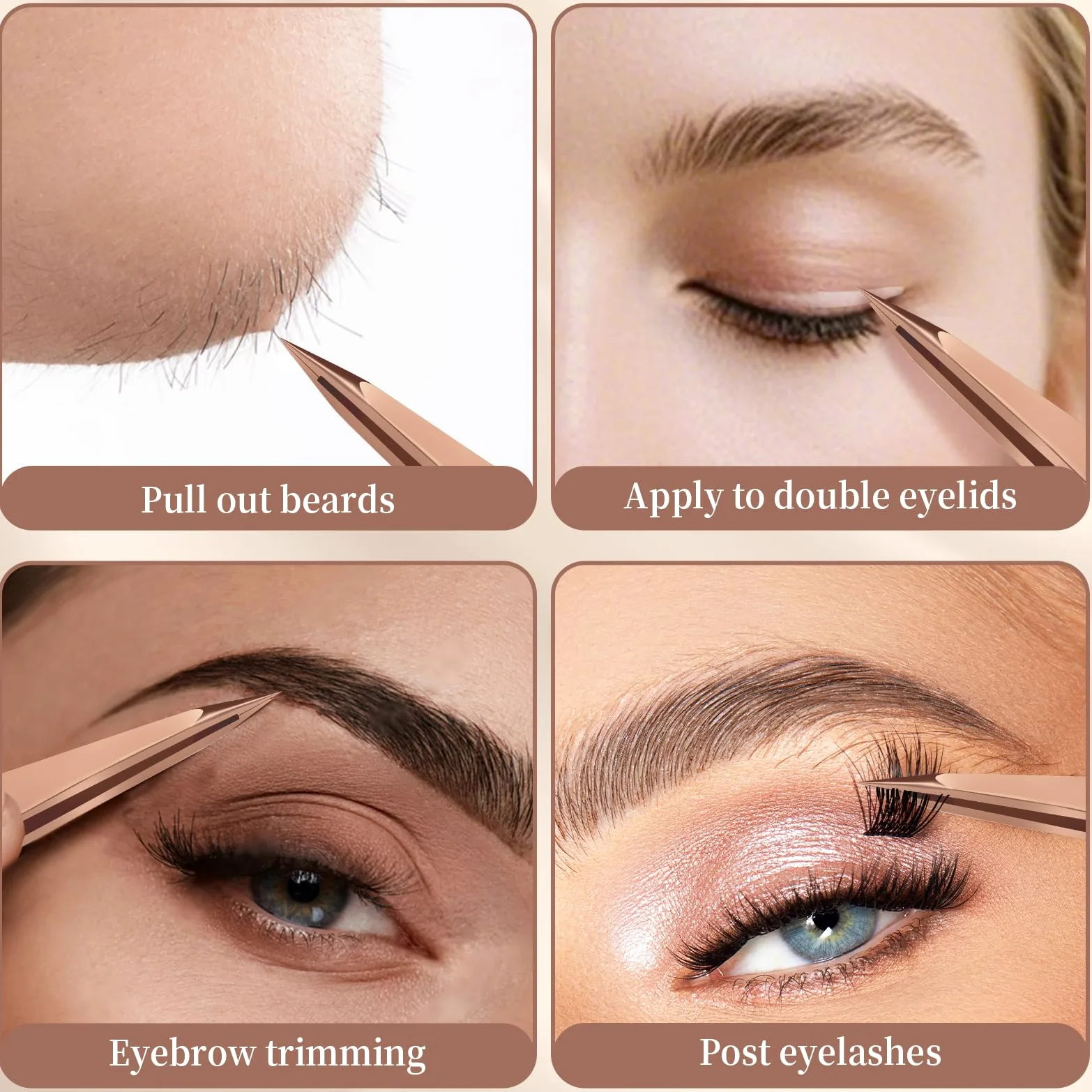 Pinzas de cejas para mujer, pinzas profesionales inclinadas para cejas, vello facial, barbilla y depilación encarnada (oro rosa) (pinzas puntiagudas)