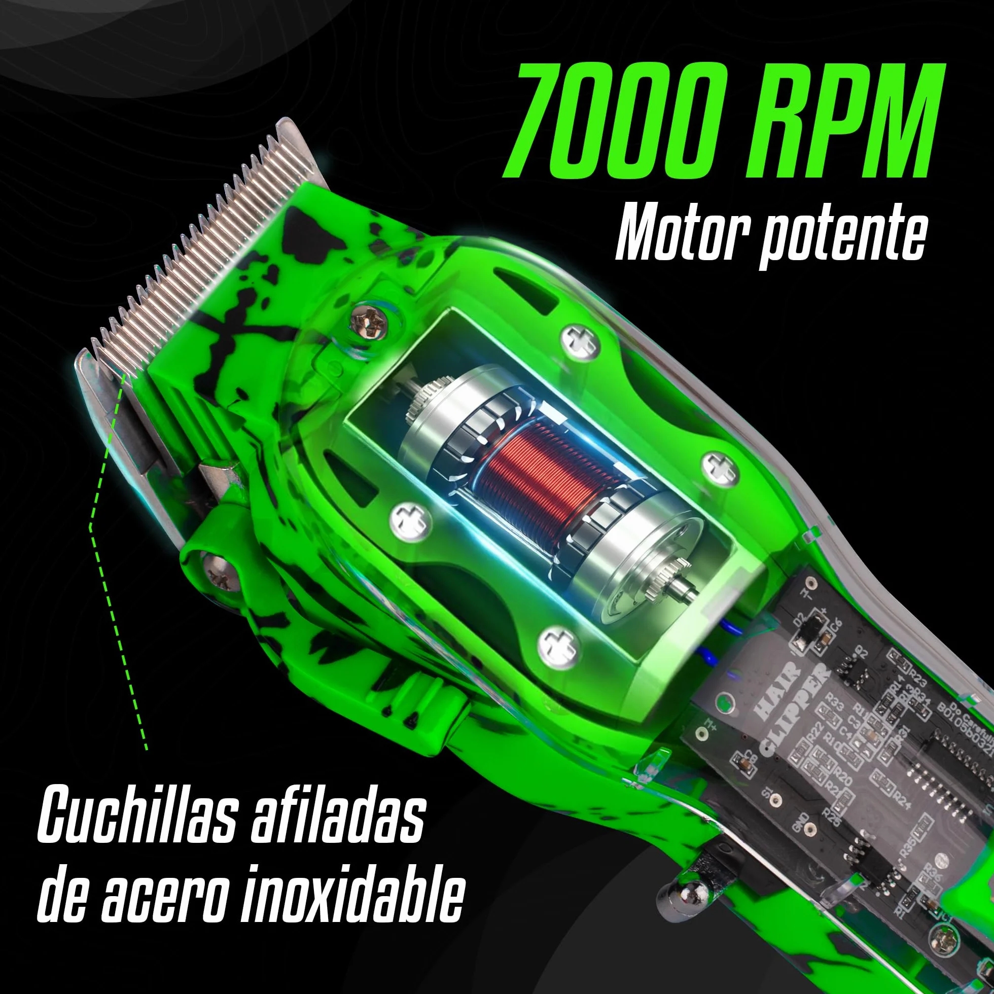 Recortadora de Pelo Inalámbrica LED Verde, Cortapelos para Hombre Barba y Cabello con Kit de 8 Peines Guía y Batería de Larga Duración