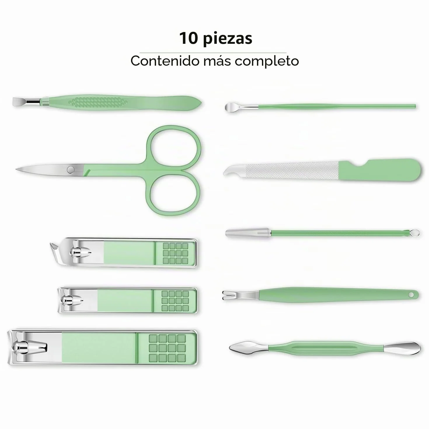 Set de Manicura Pedicura Profesional Cortaúñas Acero Inoxidable 10 Piezas Caja de Cuero Verde