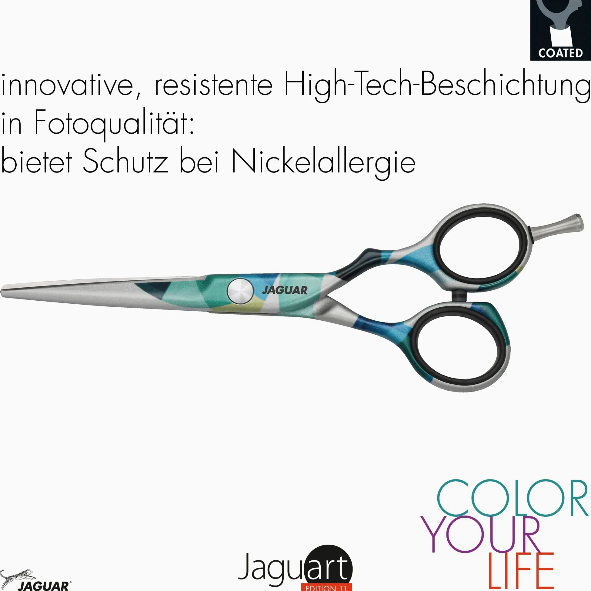 JAGUAR Tijeras para el pelo JaguART IN MOTION 5.5" | Tijeras de peluquería con diseño offset | aRecubrimiento antialérgico y resistente de alta tecnología con aspecto fotográfica | Made in Germany