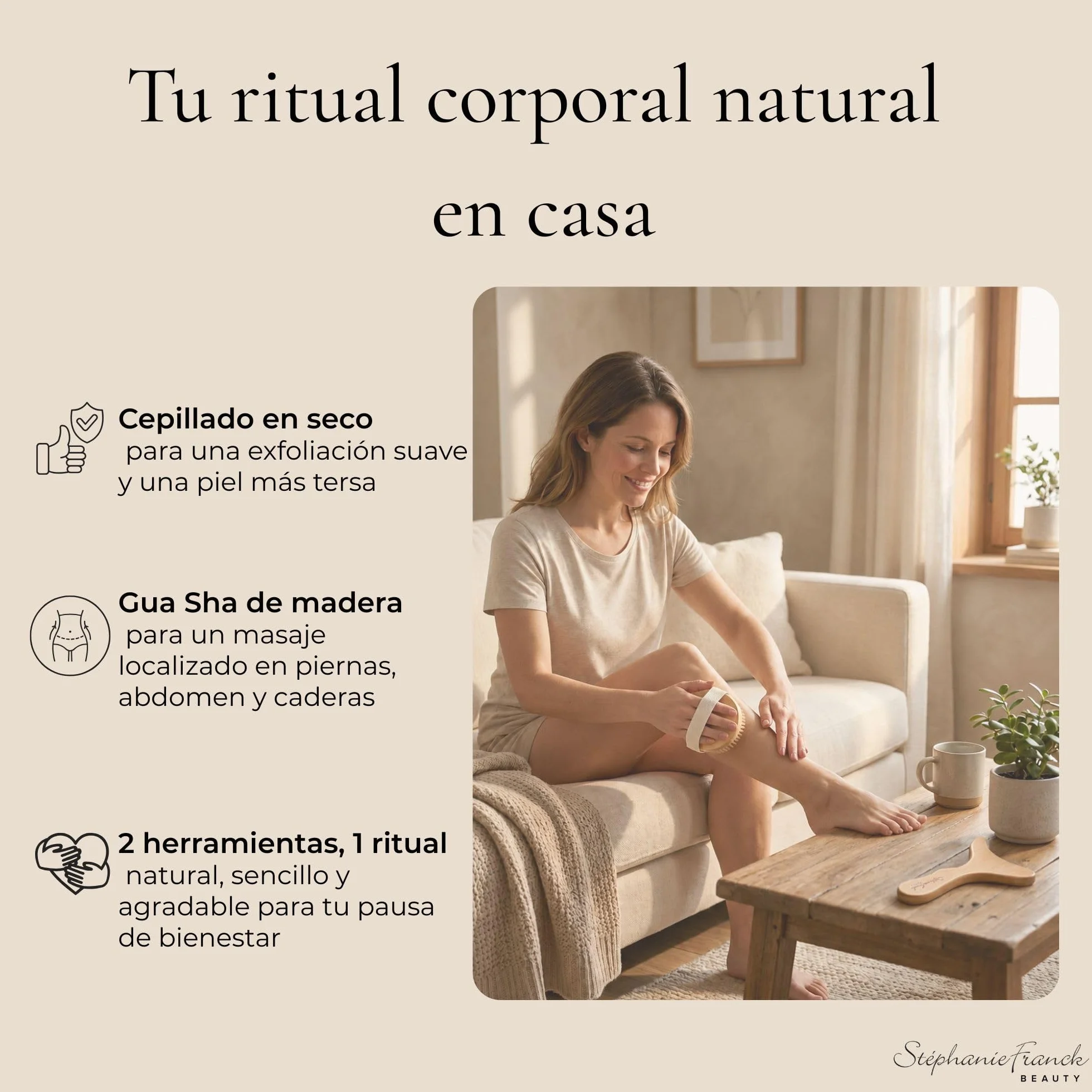 Stéphanie Franck Beauty Set Maderoterapia Cuerpo – Gua Sha Corporal de Madera y Cepillo en Seco – Masaje para Piernas, Muslos, Abdomen y Caderas