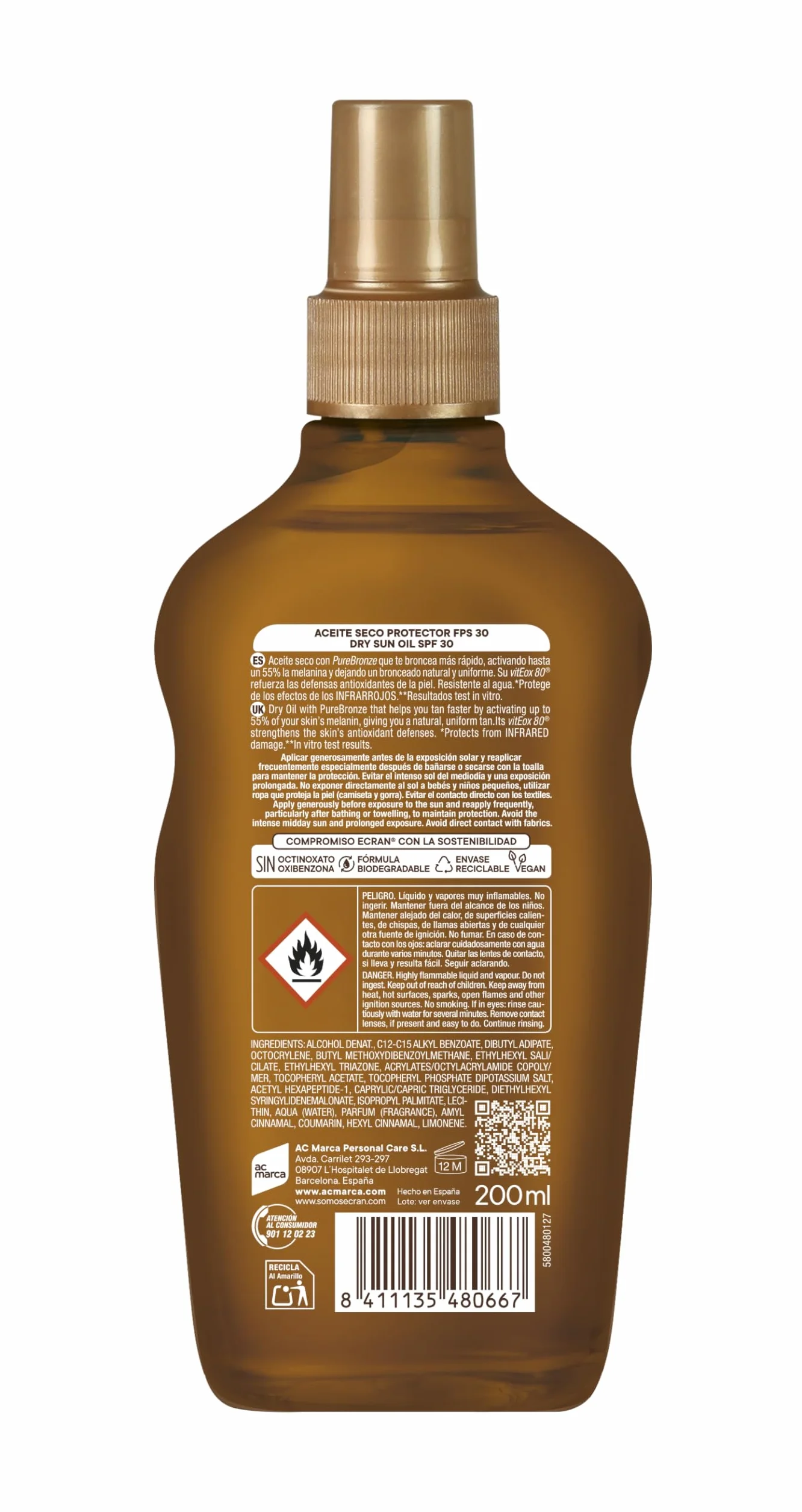 Sunnique Aceite Protector Solar FPS 30 Protección Media UVB UVA PureBronze Resistente al Agua 200 ml