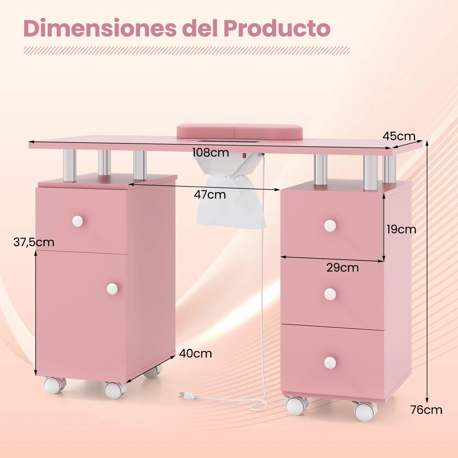 COSTWAY Mesa de Manicura con Aspirador Eléctrico, 3 Bolsas para Polvo, Reposamuñecas, 6 Cajones, Mesa para Uñas con 8 Ruedas, Mesa Manicura Profesional para Salones de Belleza, 108x45x76 cm (Rosa)