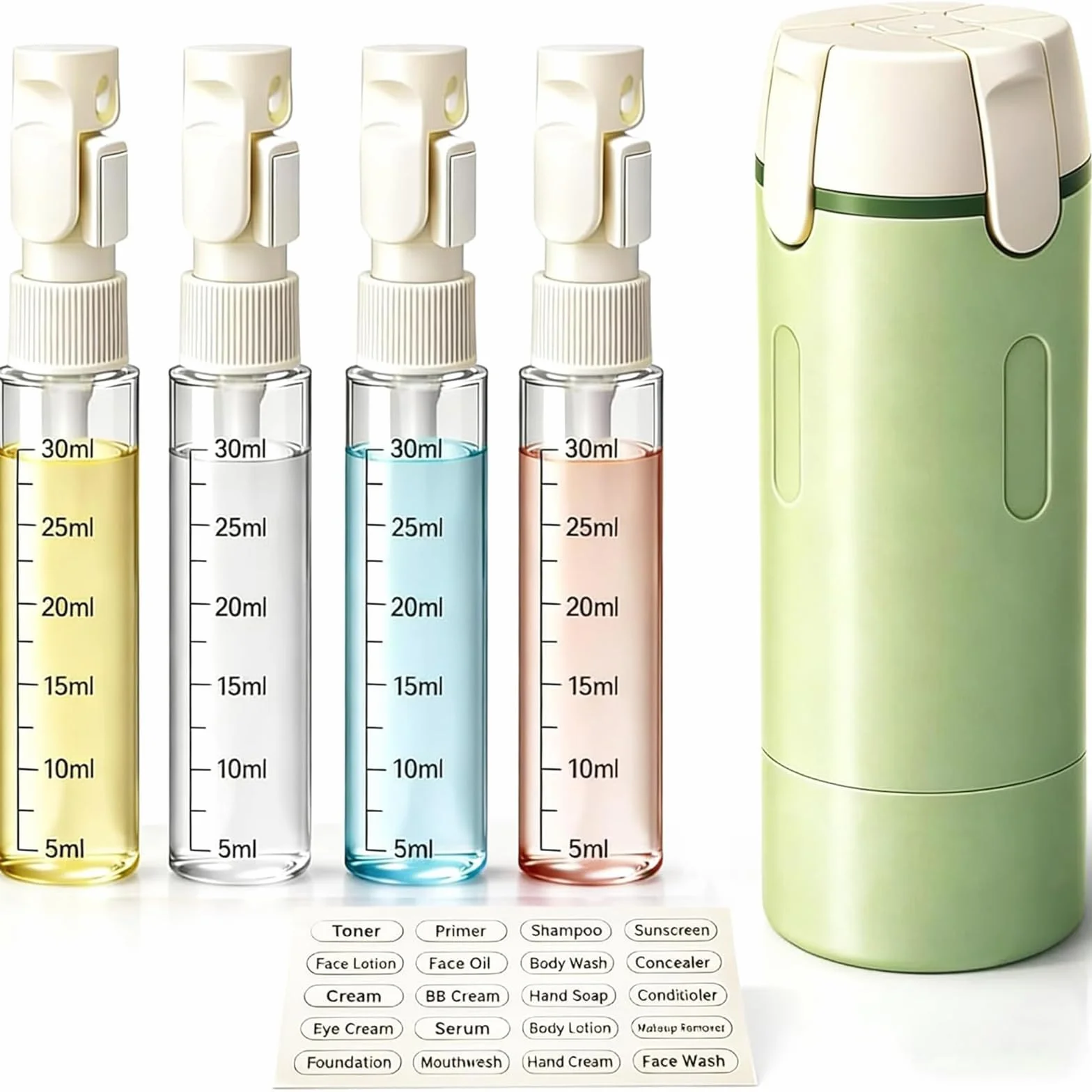 Dispensador 4 en 1 Viaje Reutilizable con Escala y Etiquetas, Set de Botellas Exprimibles Rellenables Portátiles a Prueba de Fugas para Champú, Loción y Acondicionador (Verde)