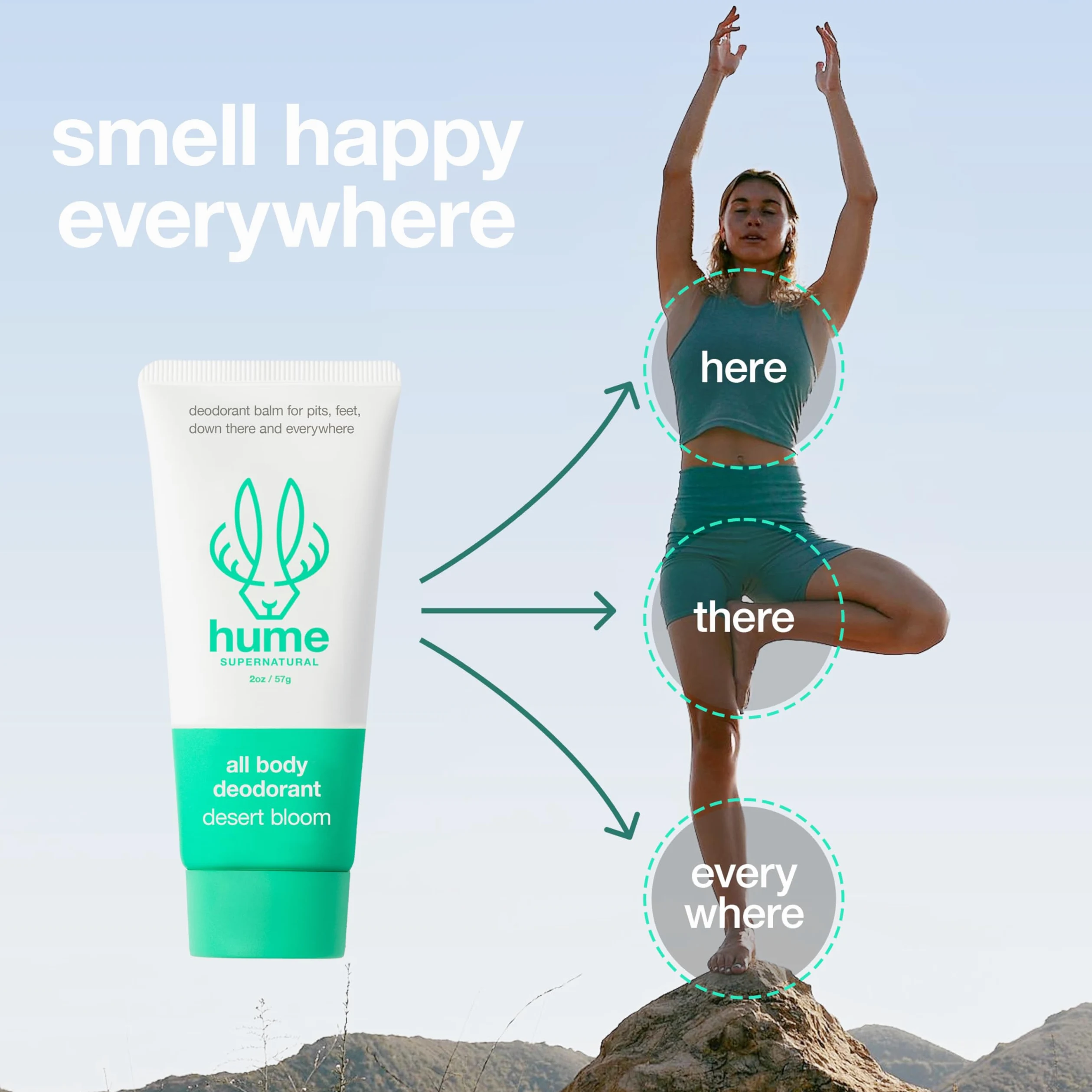 HUME SUPERNATURAL Bálsamo desodorante invisible para todo el cuerpo, protección para todo el cuerpo, sin aluminio, sin bicarbonato de sodio, resistente al olor, clínicamente probado