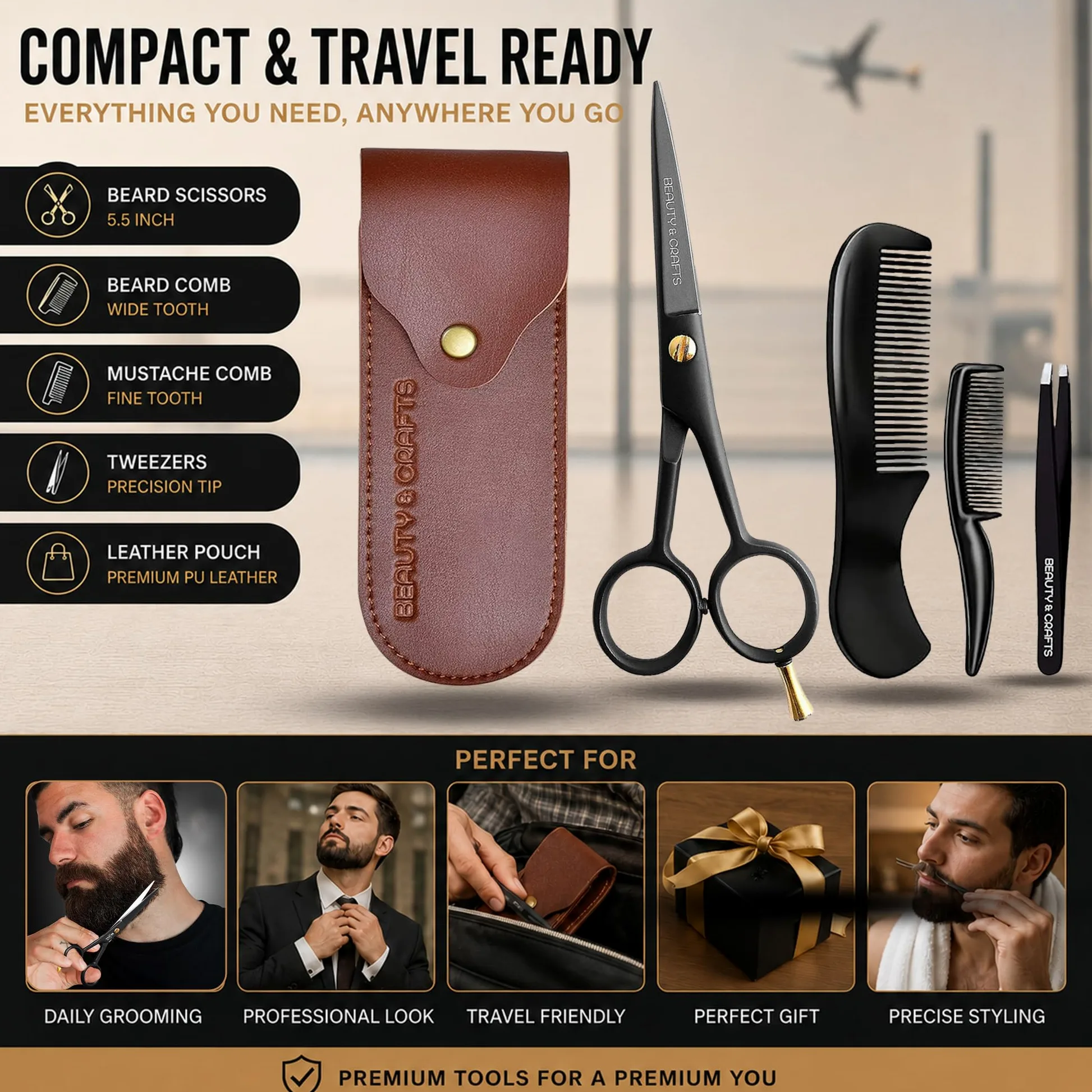Tijeras profesionales alemanas para barba de 5 pulgadas para hombres, 2 peines de bigote para vello facial con hermosa bolsa y pinzas, tijeras de bigote para hombres, para aseo, corte, peinado,