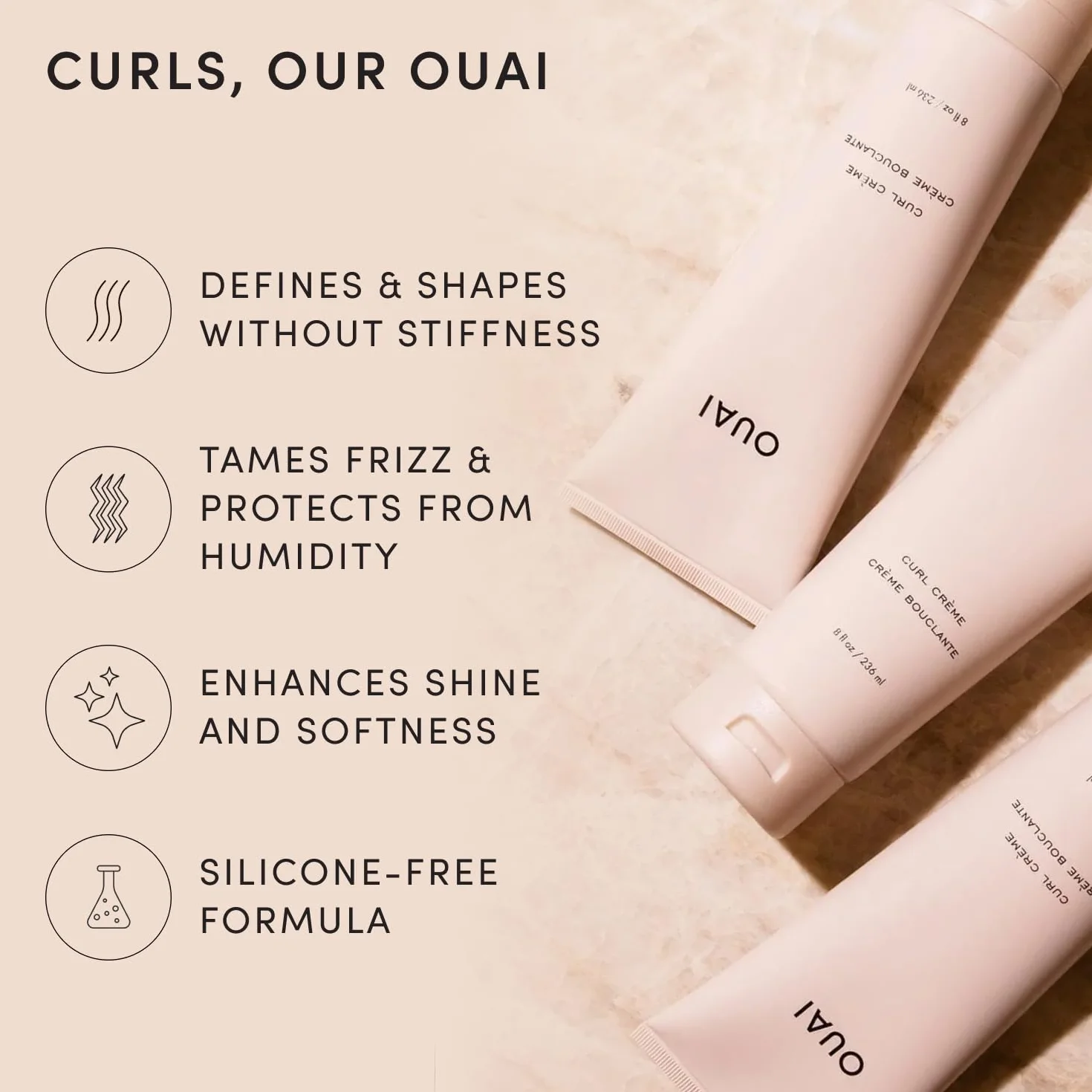OUAI Curl Cream - Crema definidora de rizos para rizos hidratados y brillantes - Babassu y aceite de coco, aceite de linaza y semillas de chía - Productos para el cabello rizado sin parabenos