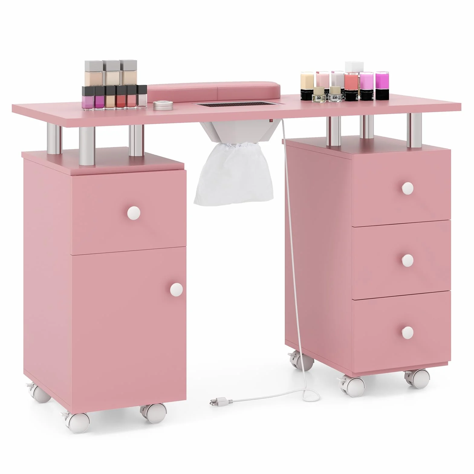 COSTWAY Mesa de Manicura con Aspirador Eléctrico, 3 Bolsas para Polvo, Reposamuñecas, 6 Cajones, Mesa para Uñas con 8 Ruedas, Mesa Manicura Profesional para Salones de Belleza, 108x45x76 cm (Rosa)