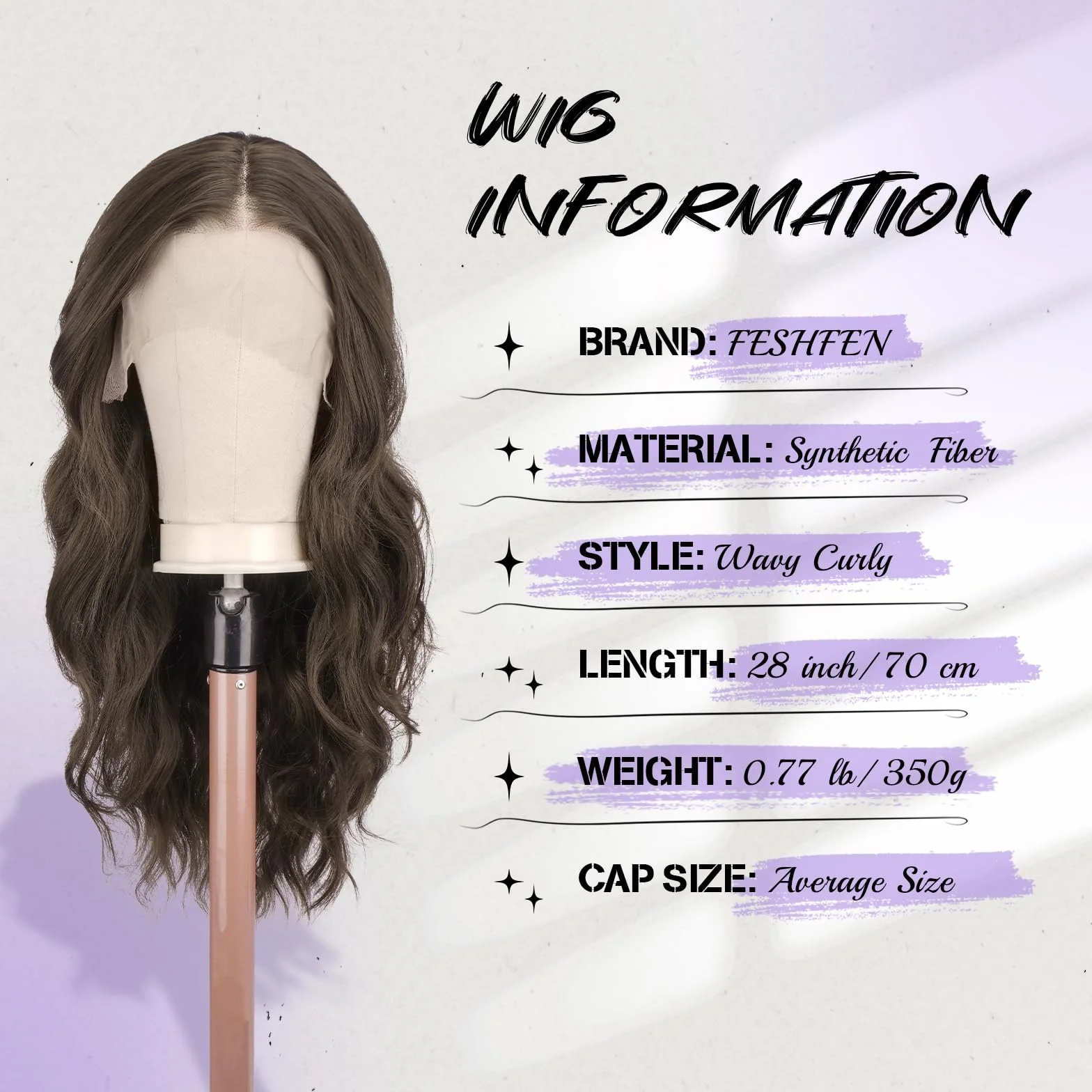 FESHFEN Peluca Lace Front pelo Natural Largas Onduladas Sintética HD Lace Marrón Medio 70 cm