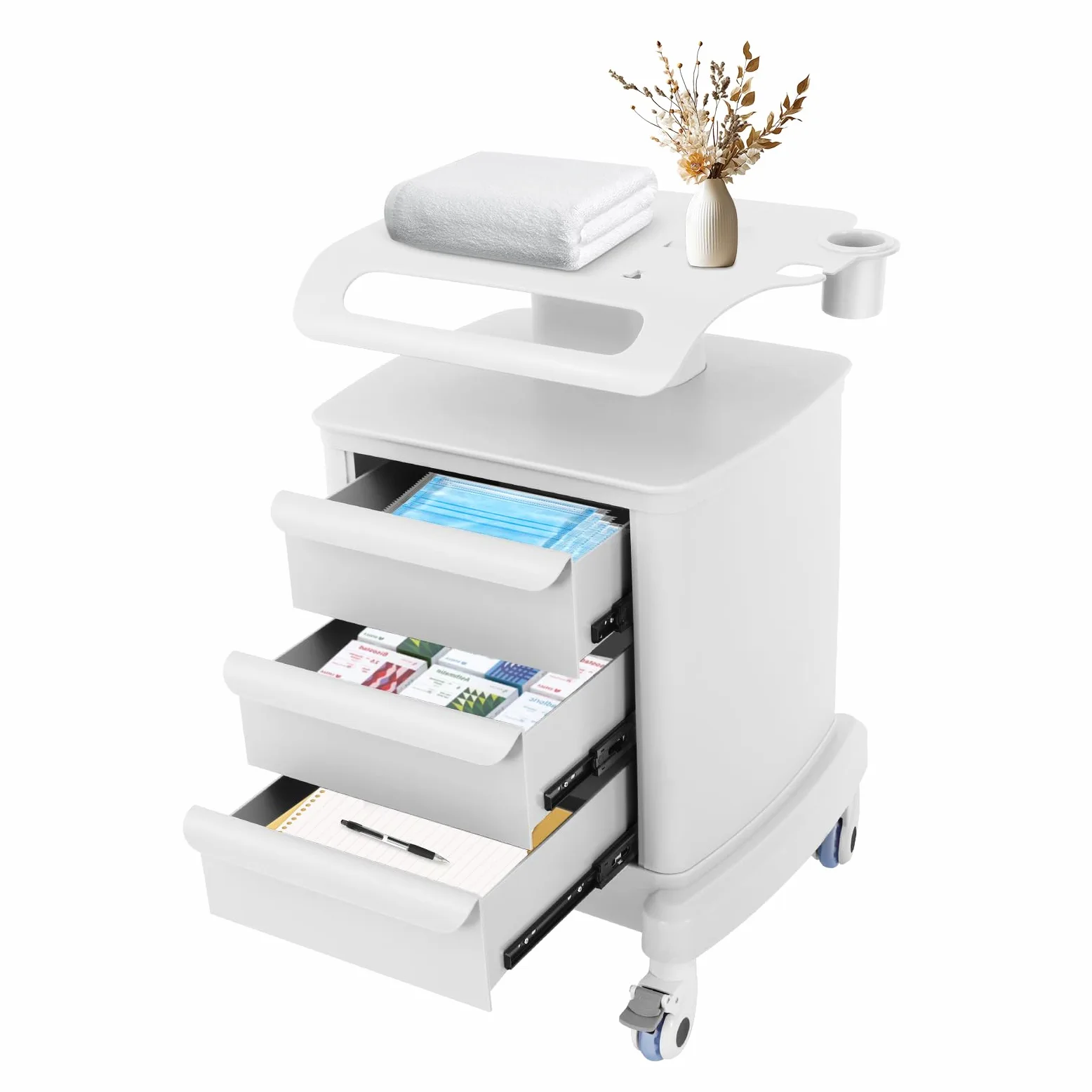 Carro de cosméticos con ruedas, carrito médico con 3 cajones y estante, carro auxiliar de ABS, capacidad de carga de 30 kg, para peluquería/salón/clínica, carrito de laboratorio, 4 ruedas con frenos