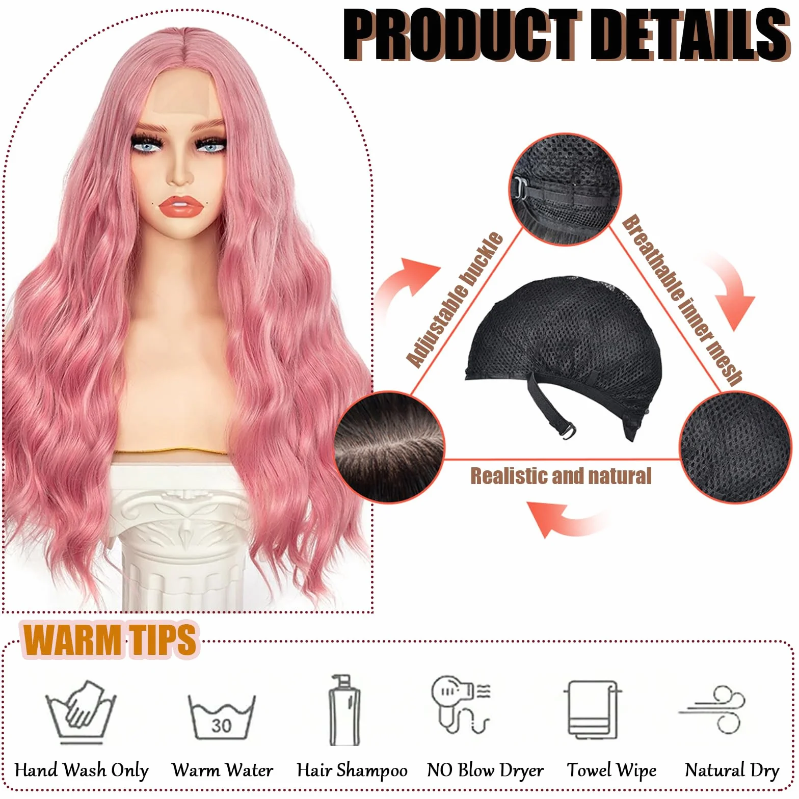 Pelucas Rubia Largas Onduladas Rosa 70 cm Sintético Mujer para Fiestas Cosplay
