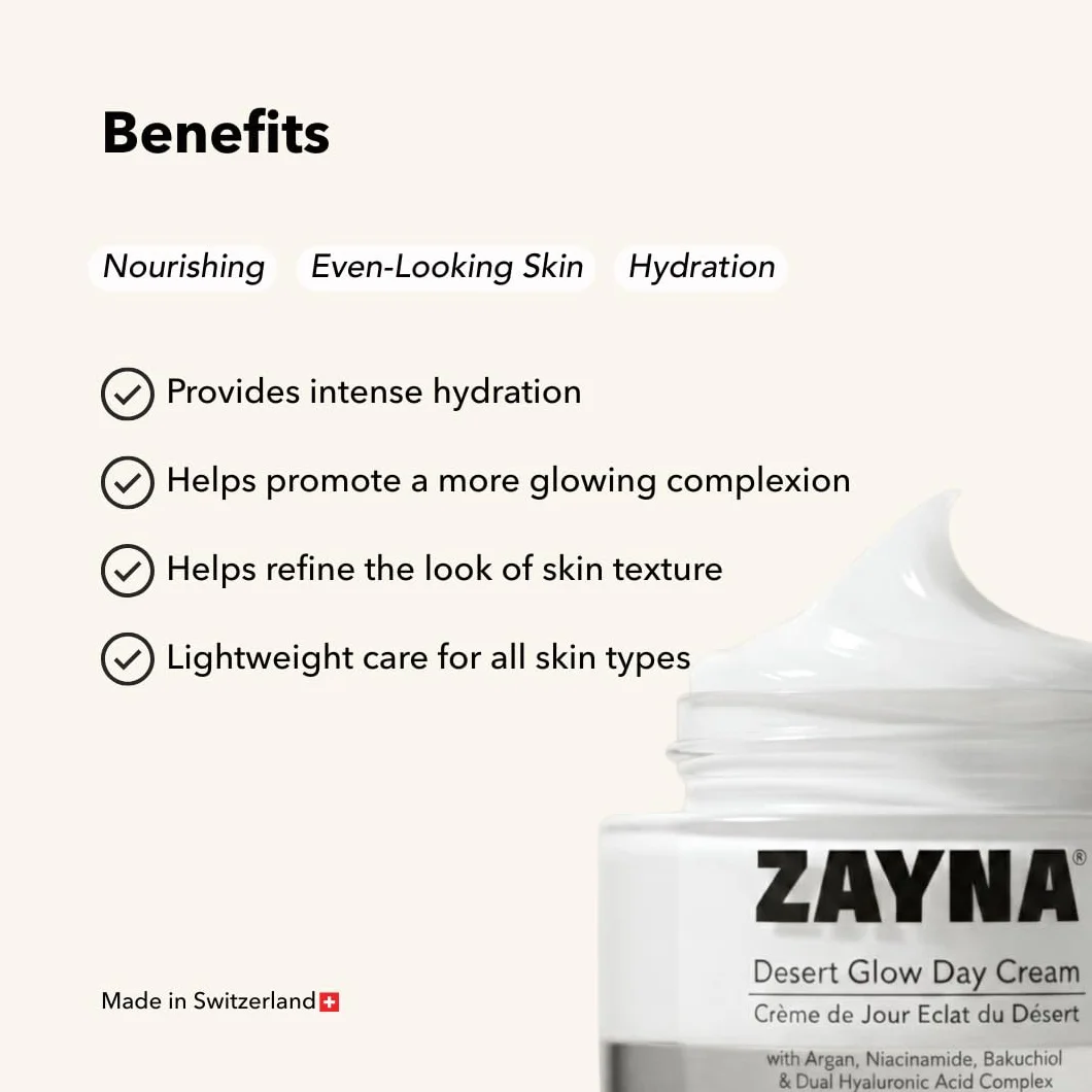 ZAYNA Desert Glow® Crema de día 50 g | para todos los tipos de piel | Aceite de argán, niacinamida, ácido hialurónico, baquuchiol, fabricado en Suiza, para todo tipo de pieles