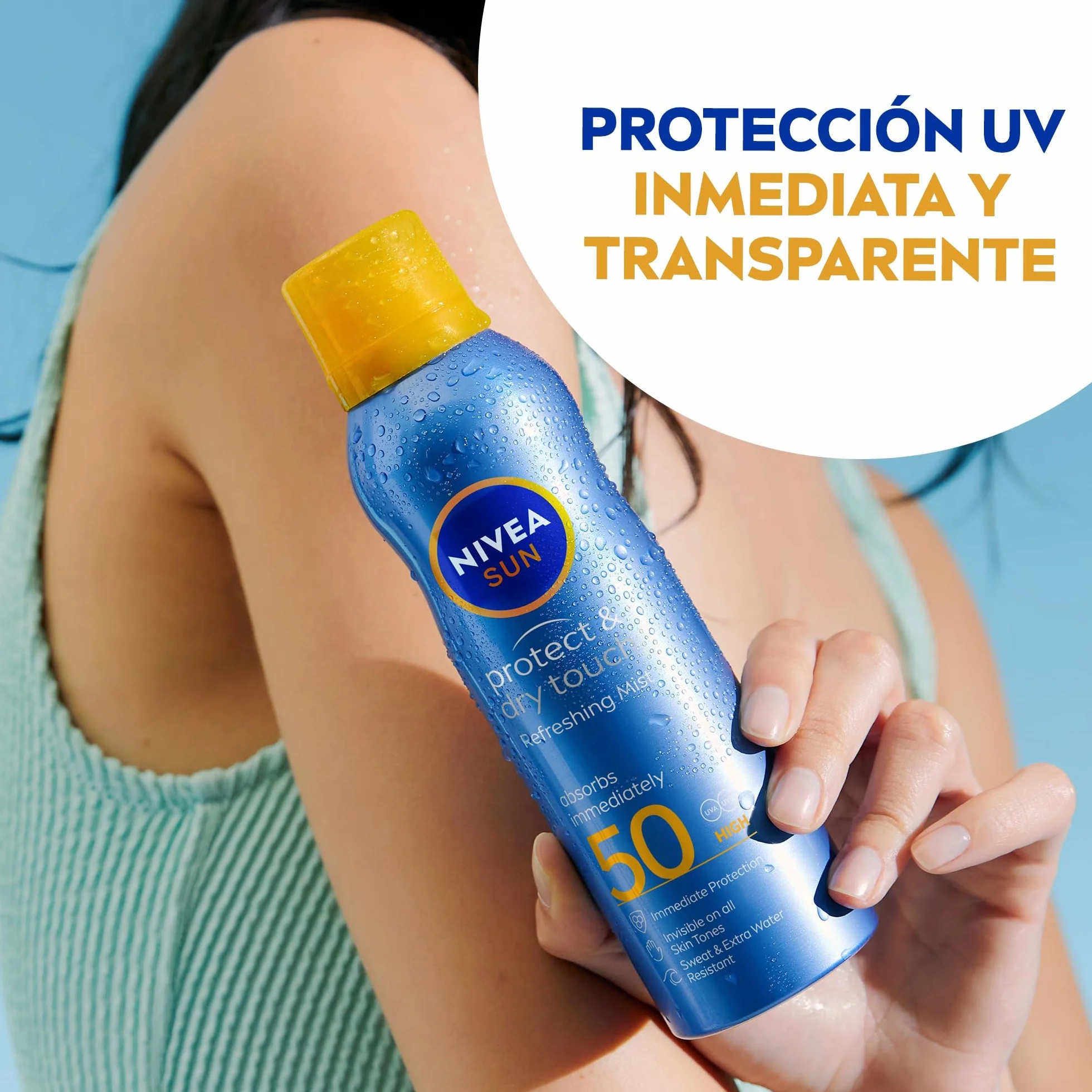 NIVEA SUN Protege & Refresca Spray Bruma Solar FP50 200 ml Protector Solar Transparente Resistente al Agua