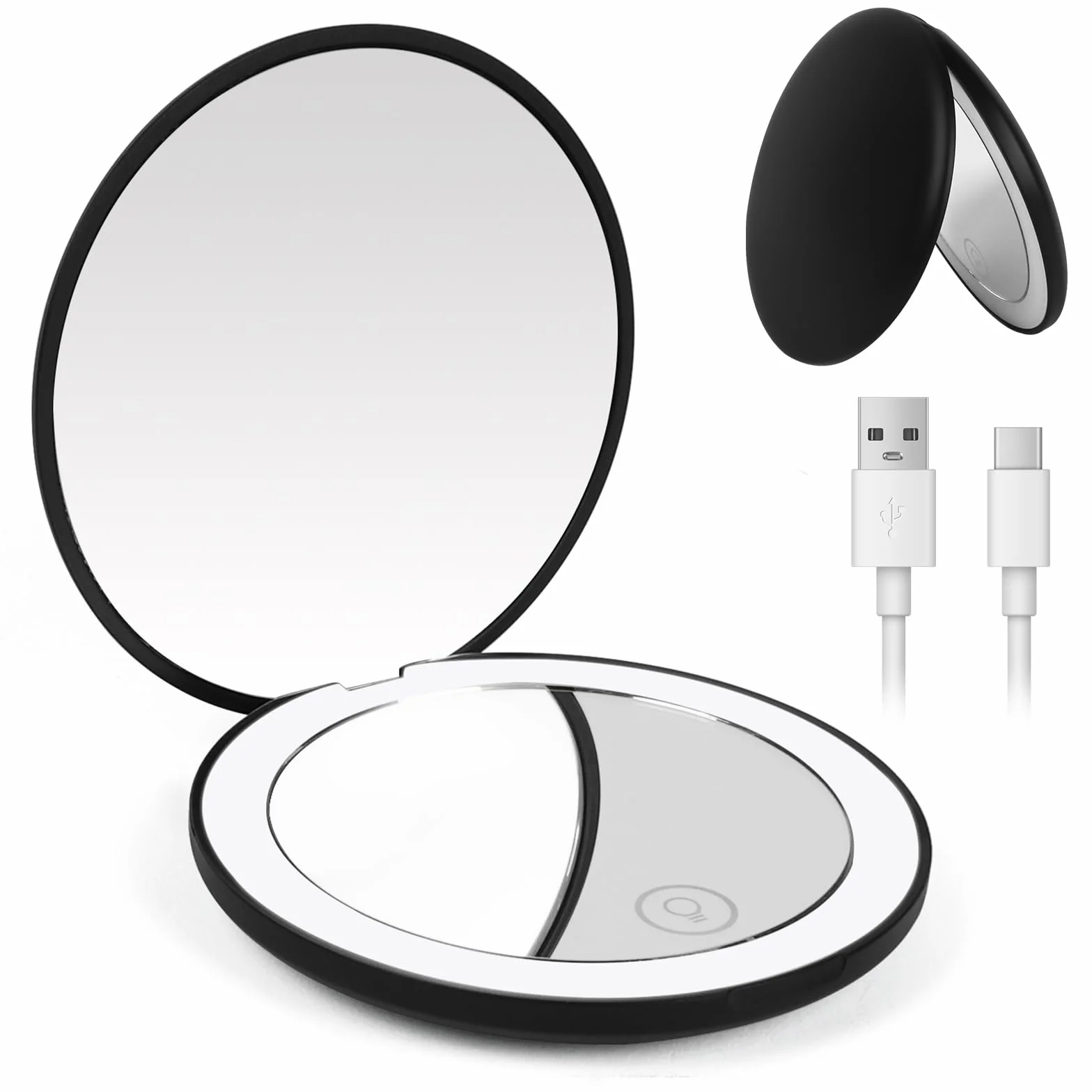Mini Espejo de Maquillaje LED Plegable Recargable por Type-C Compacto con Aumento 1X/10X