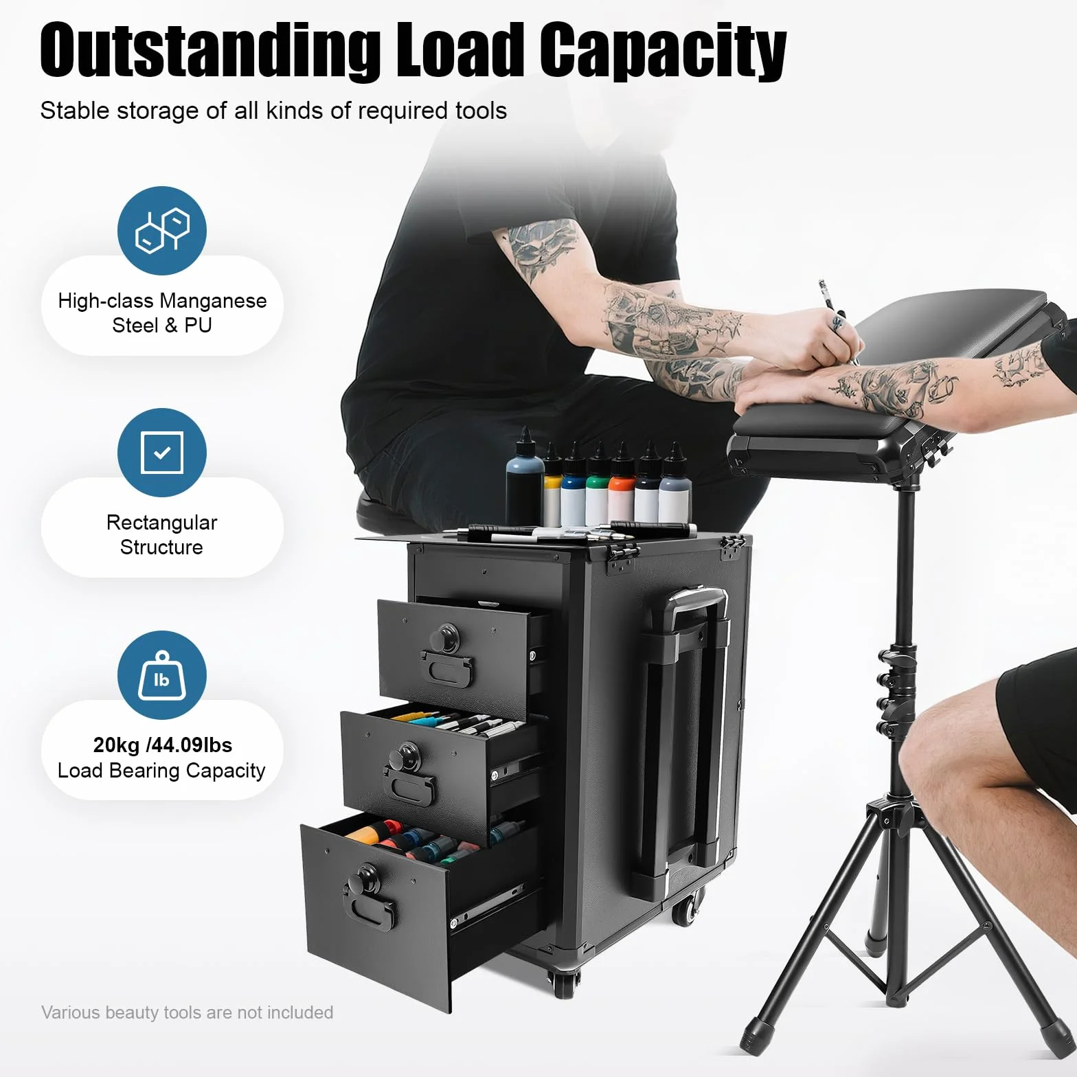 Maletín de Maquillaje 2 en 1 para Tatuajes, con Soporte para apoyabrazos Tattoo, para Tatuajes, Mesa de Maquillaje, Mesa Tattoo con Ruedas y 3 cajones (Placa metálica)