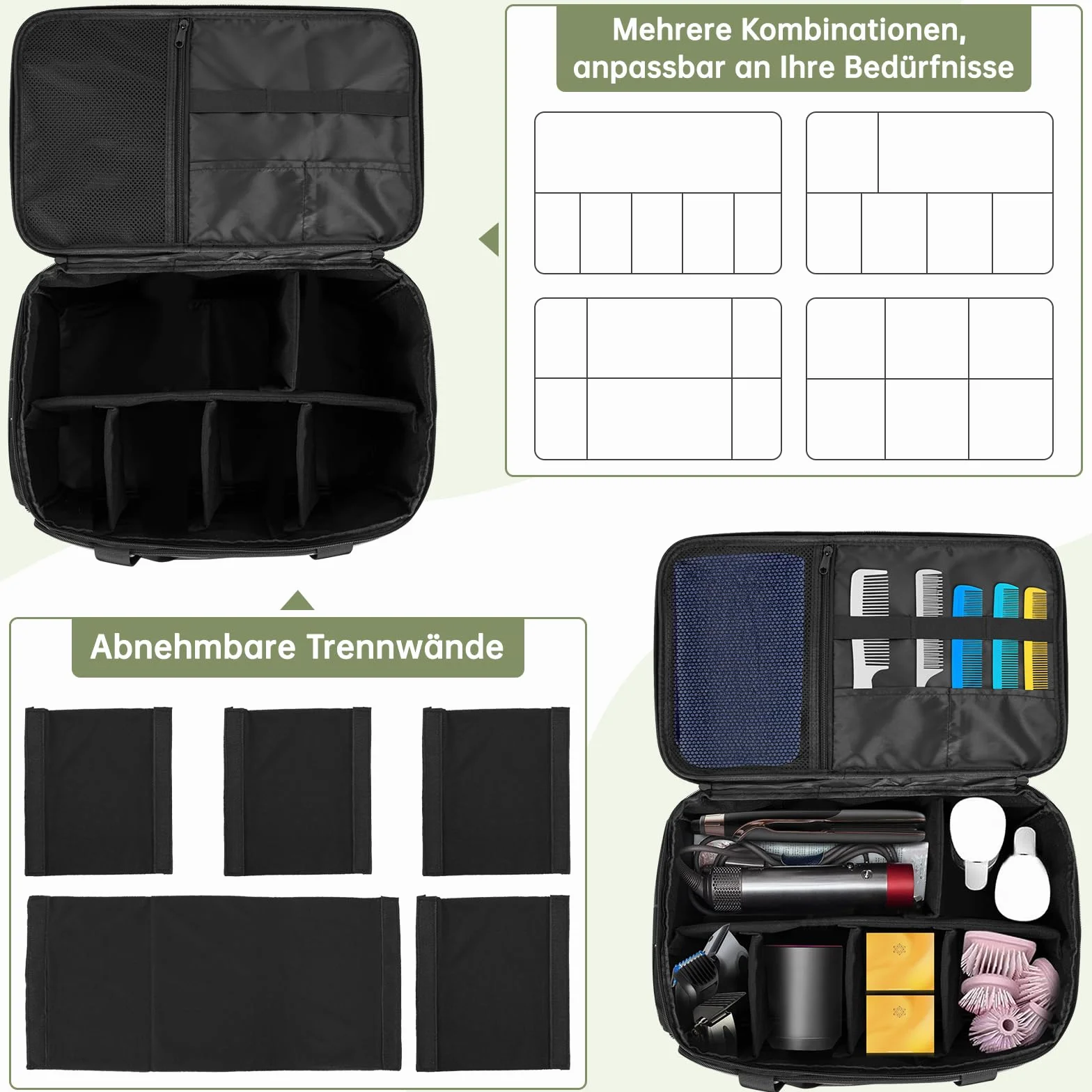 Bolsa de peluquería profesional, bolsa de almacenamiento portátil con múltiples bolsillos y compartimentos ajustables para accesorios de peluquería, adecuado para (BK)