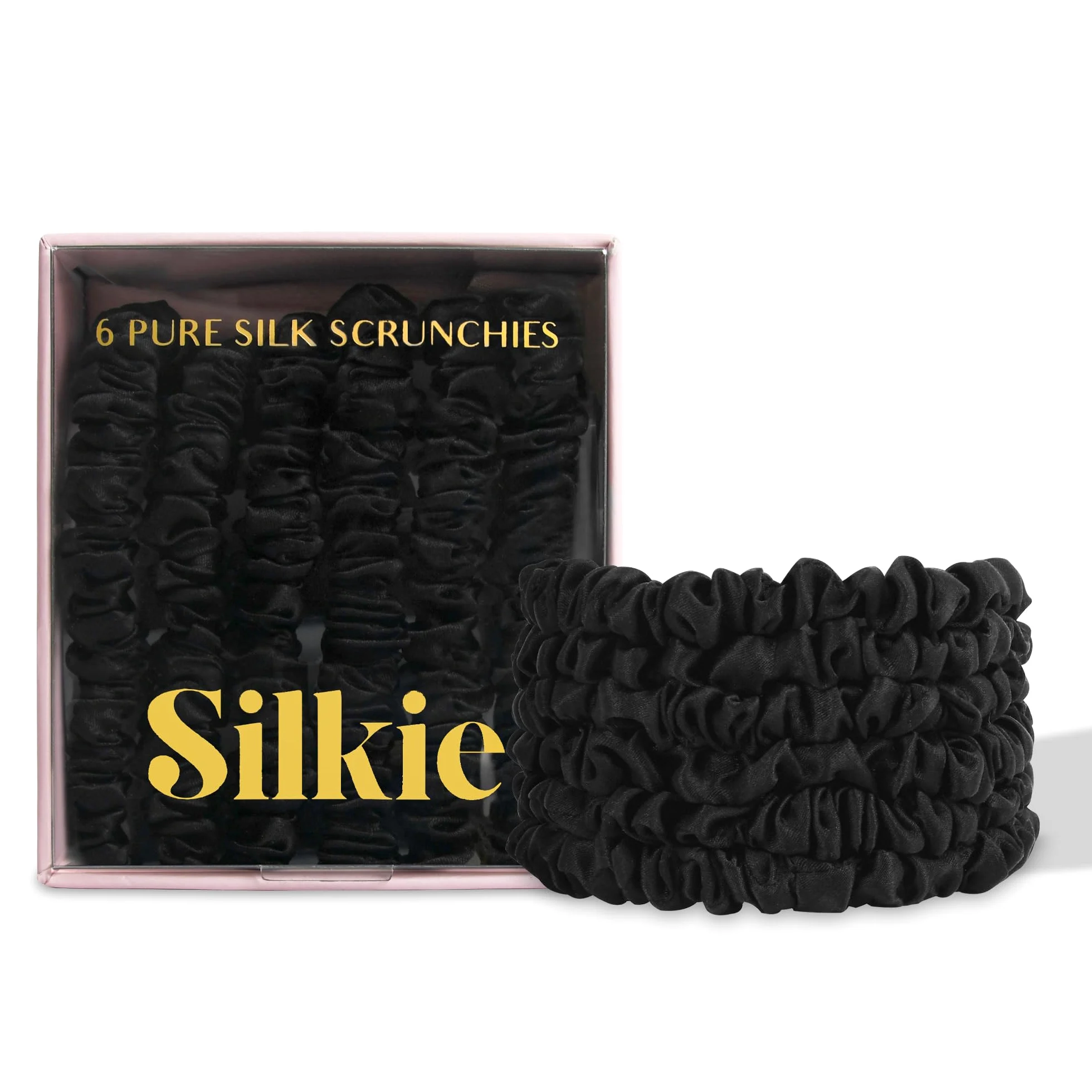 SILKIE Gomas para el pelo, 100% Seda Pura de Mora, Negro, Azul Oscuro, Gomas delgadas, Bolso de viaje, Para el día a día, Elásticas, Cuidado del cabello, Soporte para cola de caballo, Sin daños