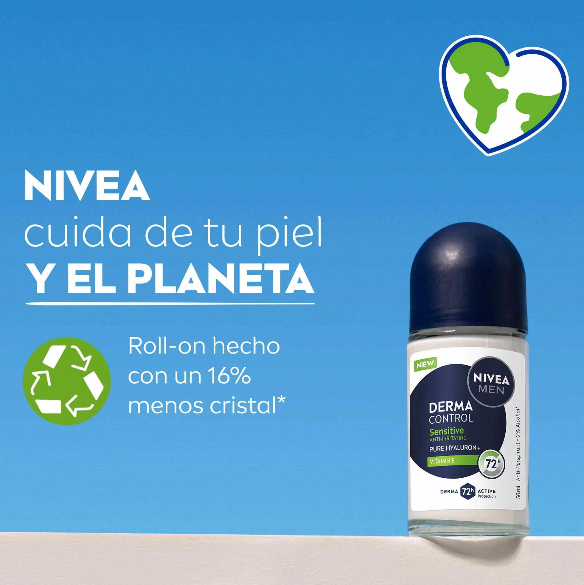 NIVEA Derma Control Sensitive Desodorante Antitranspirante Roll-on 50 ml para Hombre 72h Protección Sudor Ácido Hialurónico Vitamina E