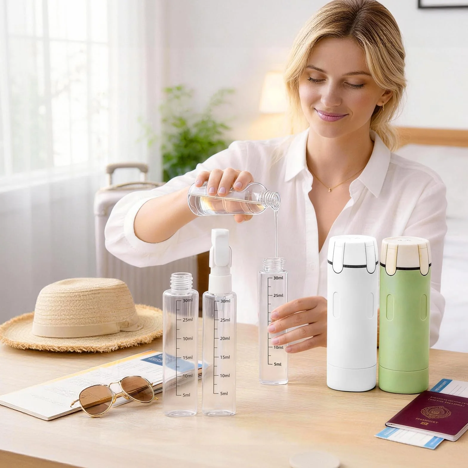 Zouwel Set de frascos dispensadores de viaje 4 en 1 recargables a prueba de fugas para champú lociones acondicionador