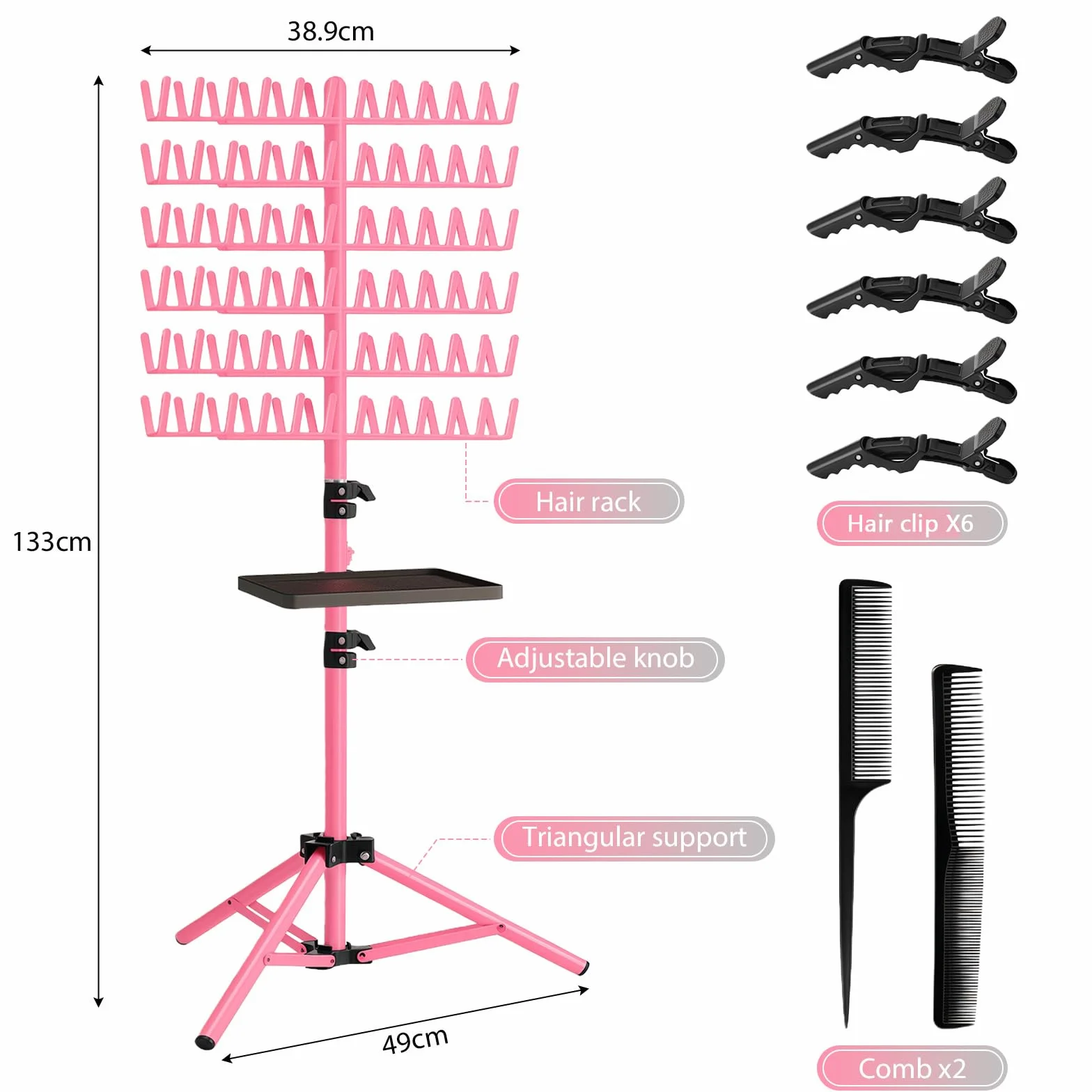 Soporte para extensiones de cabello ajustable y plegable de 144 clavijas con bandeja y pinzas