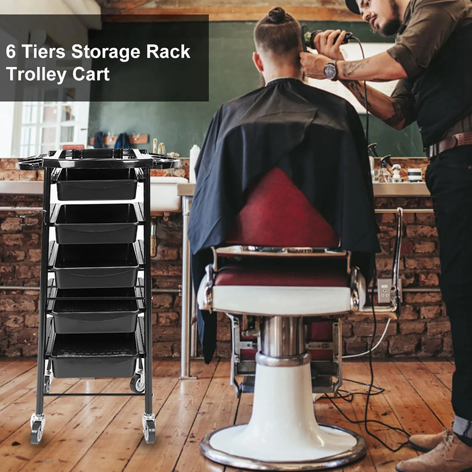 Carrito de Peluquería con Ruedas de 6 Niveles Ajustable, Almacenamiento de Tubos de Hierro Negro