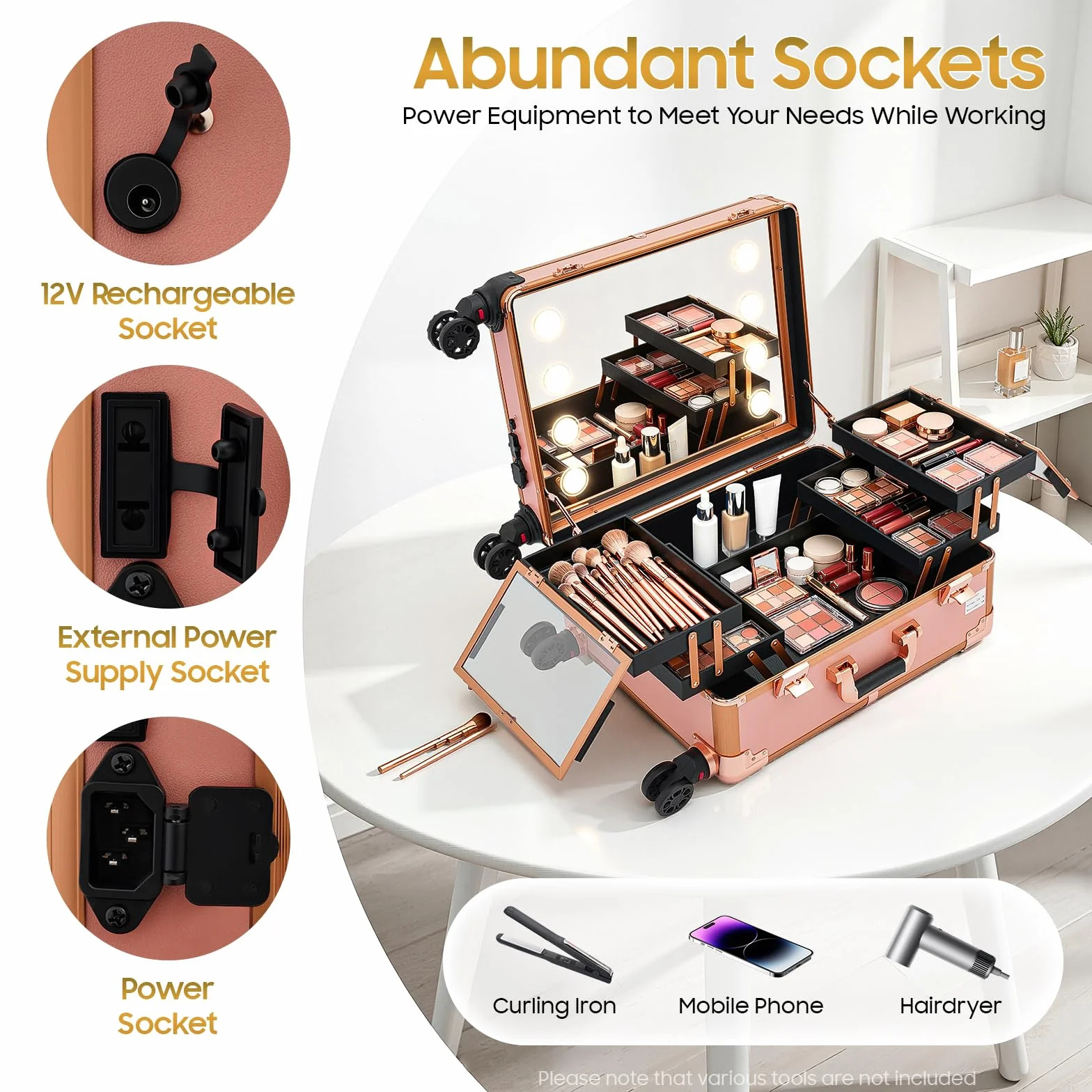 Maletín de Maquillaje Profesional con Luz LED y Espejo, Trolley de Maquillaje con Ruedas 360°, Patas Ajustables, Estación de Belleza Portátil para Maquilladores, Peluquería, Estética y Uñas