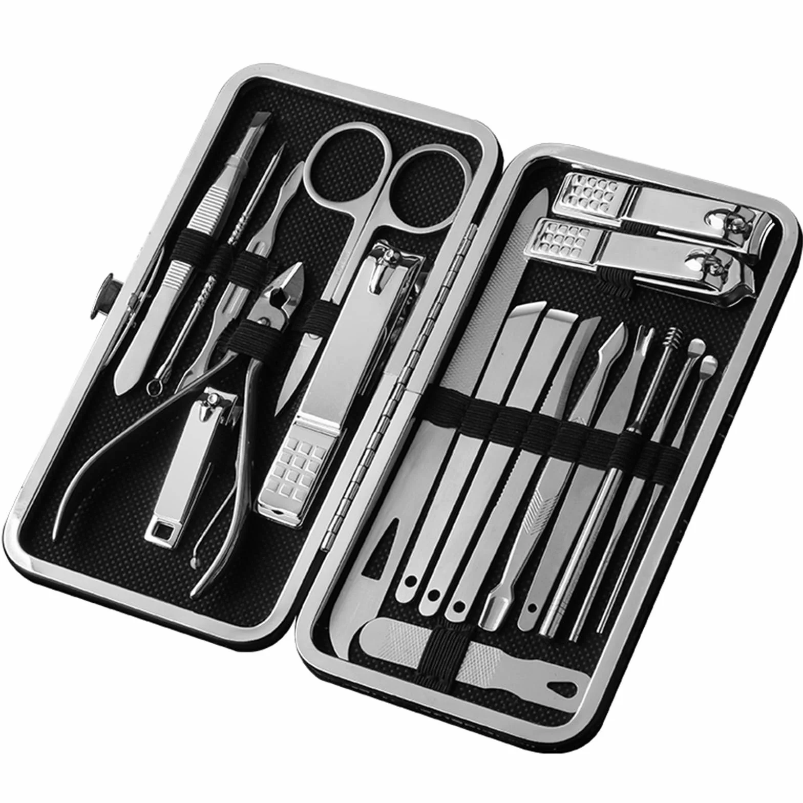 Juego de cortaúñas Juego de manicura Kit de pedicura profesional cortaúñas, 19 piezas Herramientas de cuidado de uñas de acero inoxidable Kit de aseo con estuche de cuero de viaje for hombres y mujere