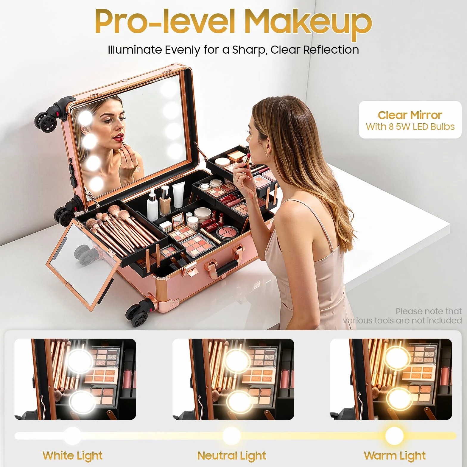 Maletín de Maquillaje Profesional con Luz LED y Espejo, Trolley de Maquillaje con Ruedas 360°, Patas Ajustables, Estación de Belleza Portátil para Maquilladores, Peluquería, Estética y Uñas