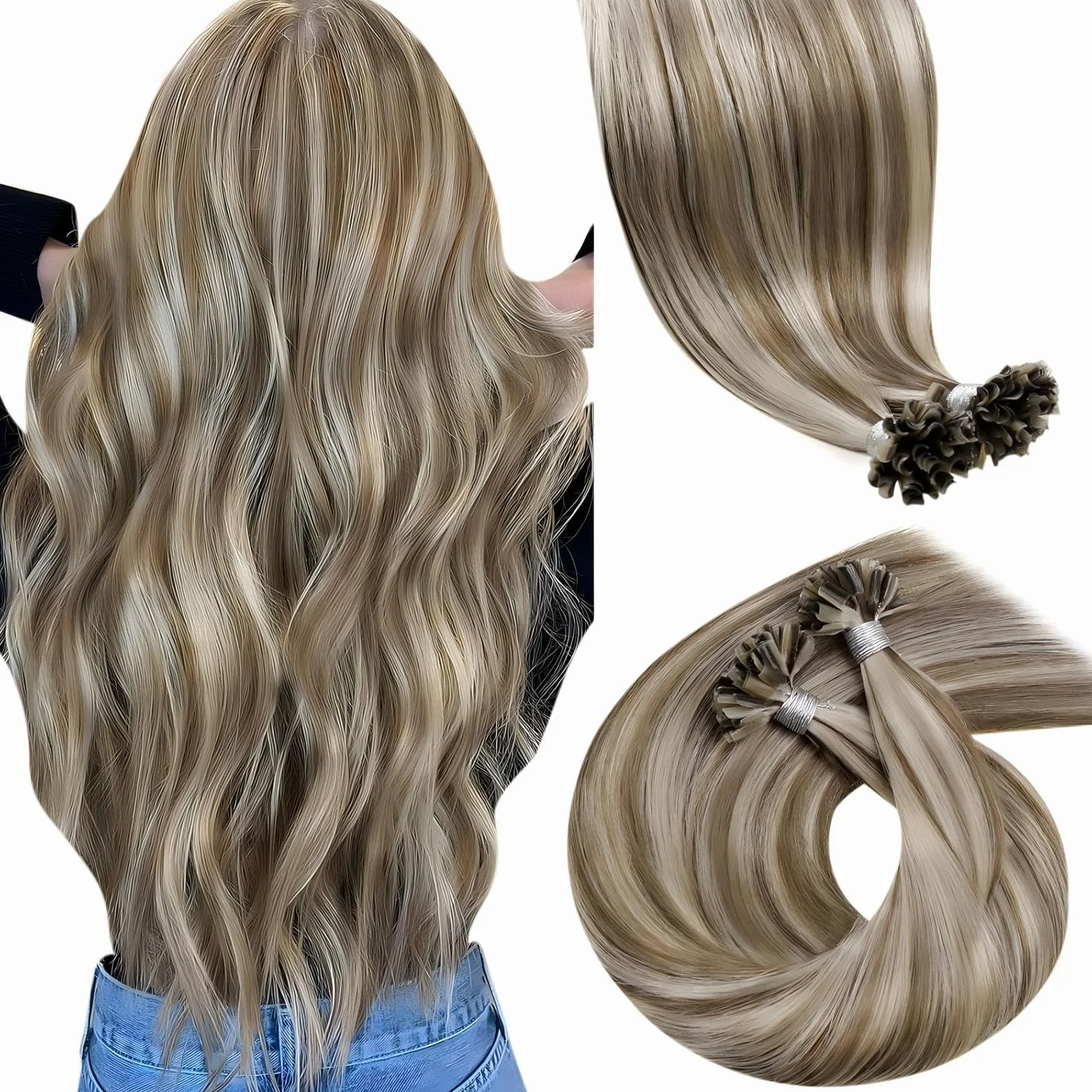 LaaVoo Extensiones Queratina Pelo Natural Marrón Claro Rubia Platino 50g 22 Pulgadas 55cm #P8/60