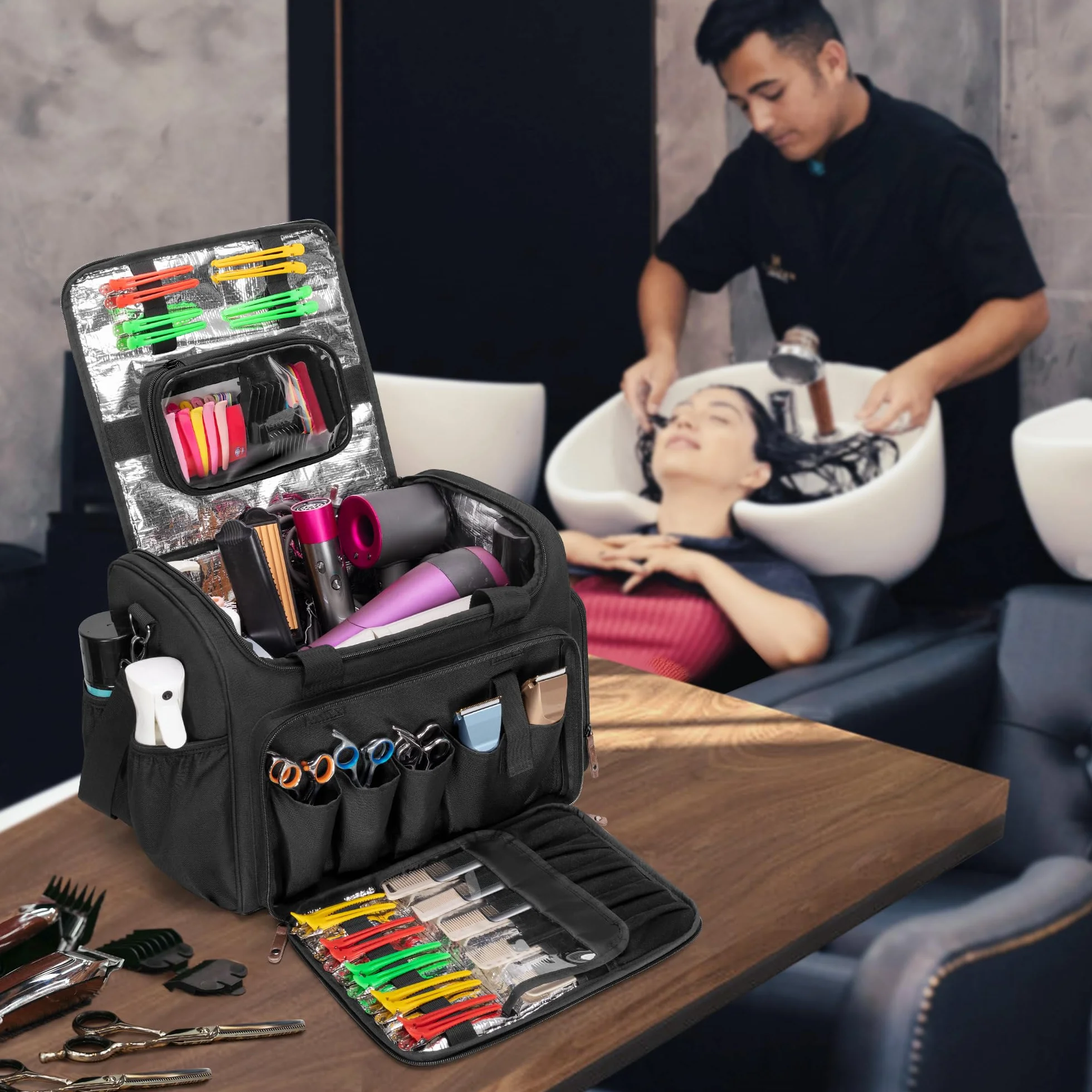 BAFASO Bolsa de Viaje Aislada para Peluquería con Divisor Semi Desmontable y Dos Bolsillos Extraíbles, Bolsa de Peluquería para Varias Herramientas de Corte de Cabello, (Solo Bolsa), Negro
