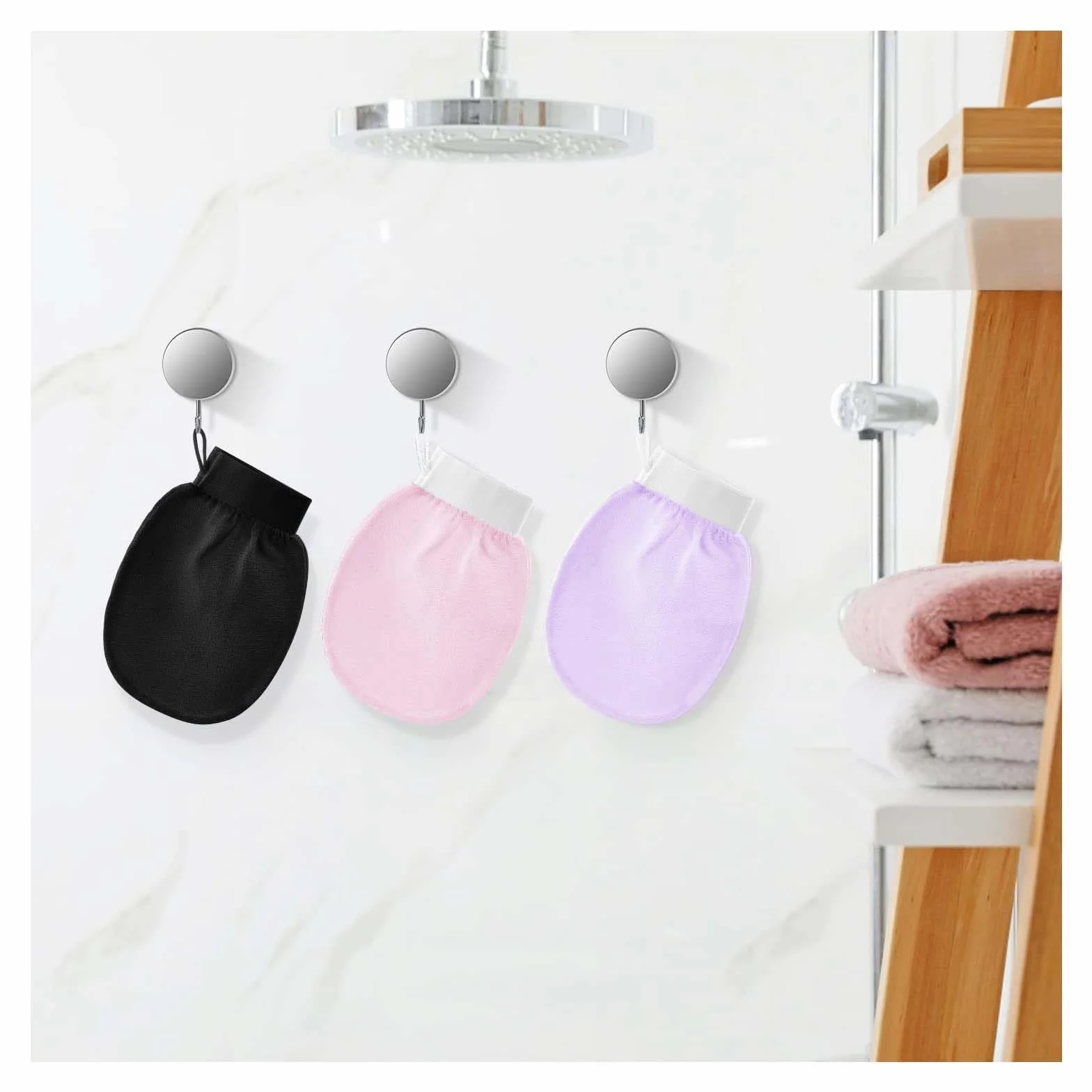 Guante Exfoliante Corporal, 3pcs Manoplas Exfoliantes, Guante Crin Ducha Unisex, Accesorios de Baño Negro Rosa Morado