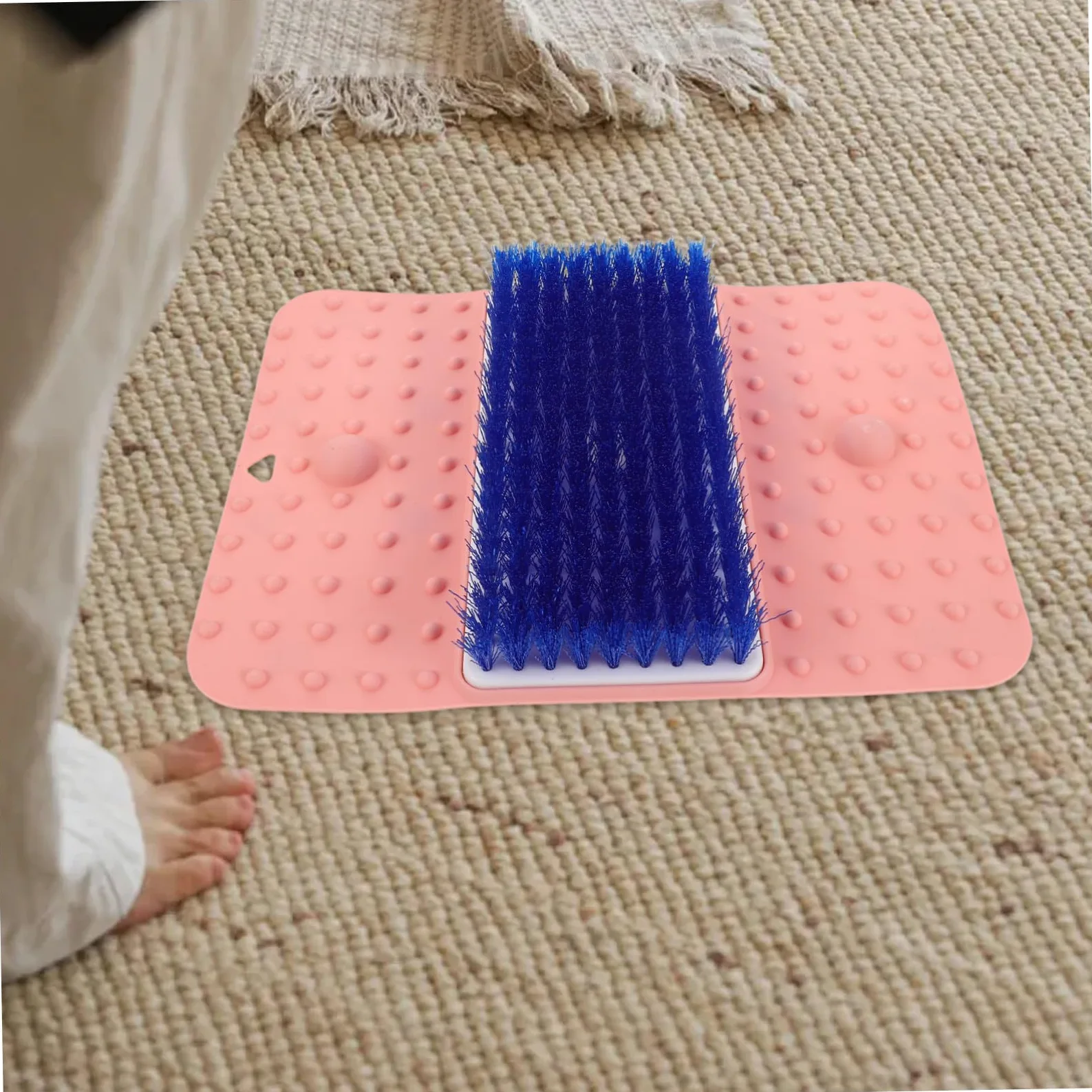 Limpiador de Pies para Ducha Rosa con Cepillo Integrado Antideslizante | Tpr y Pvc, Masaje y Exfoliación de Talones, Uso en Baño o Viaje, Formato de Alfombrilla con Ventosas