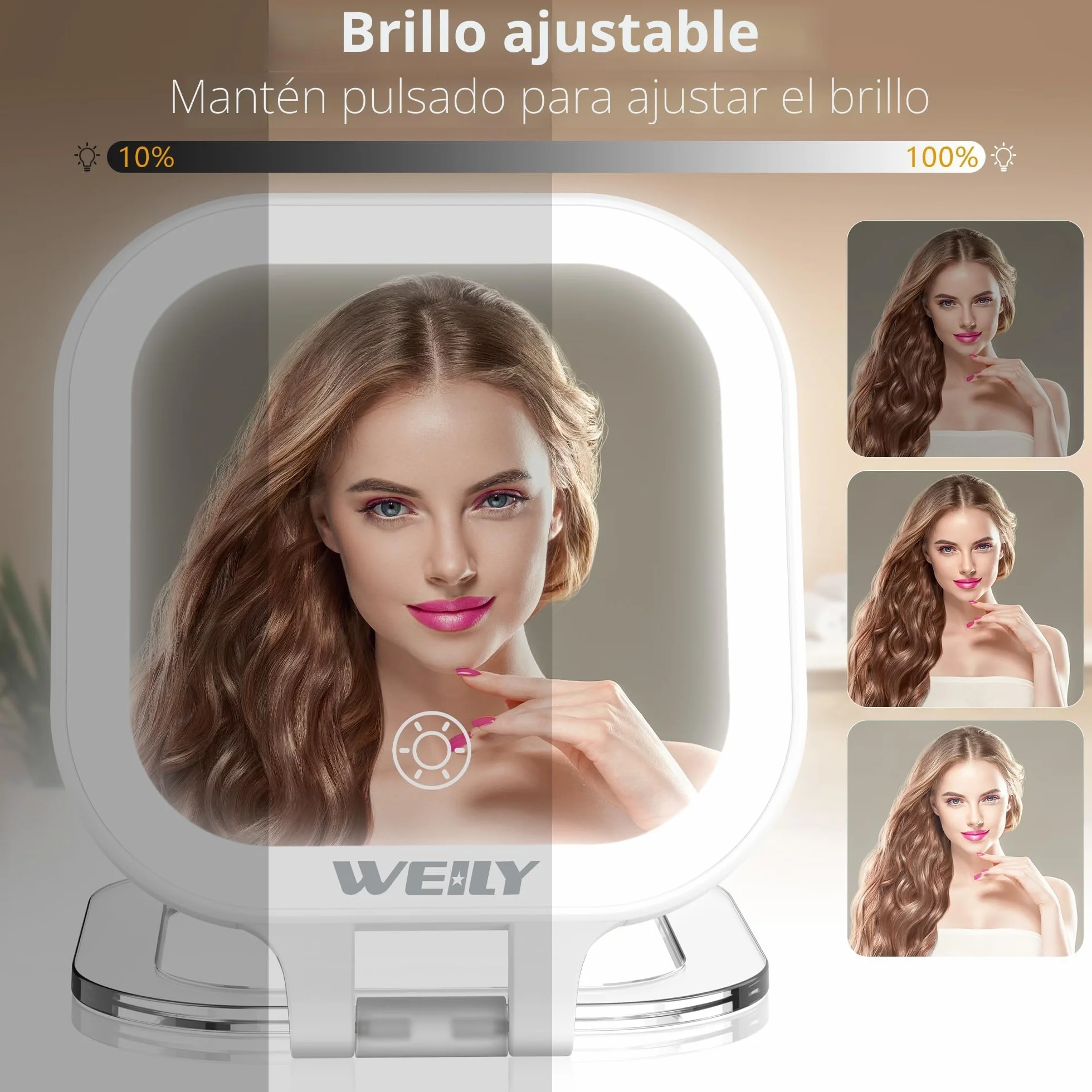 WEILY Espejo Maquillaje con Luz, 1X/10X Doble Cara Aumento, Espejo de Viaje con 3 Luces de Color y Control Táctil, Recargable USB Blanco