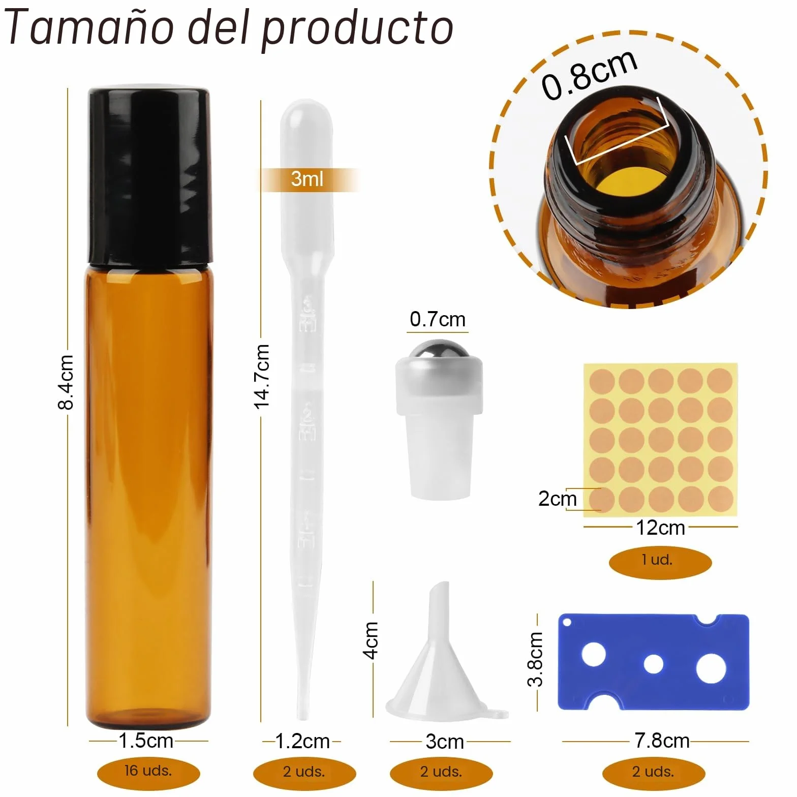 Botella Roll On Cristal 10ml Marrón, 16 Piezas con Bola de Acero Inoxidable para Aceites Esenciales